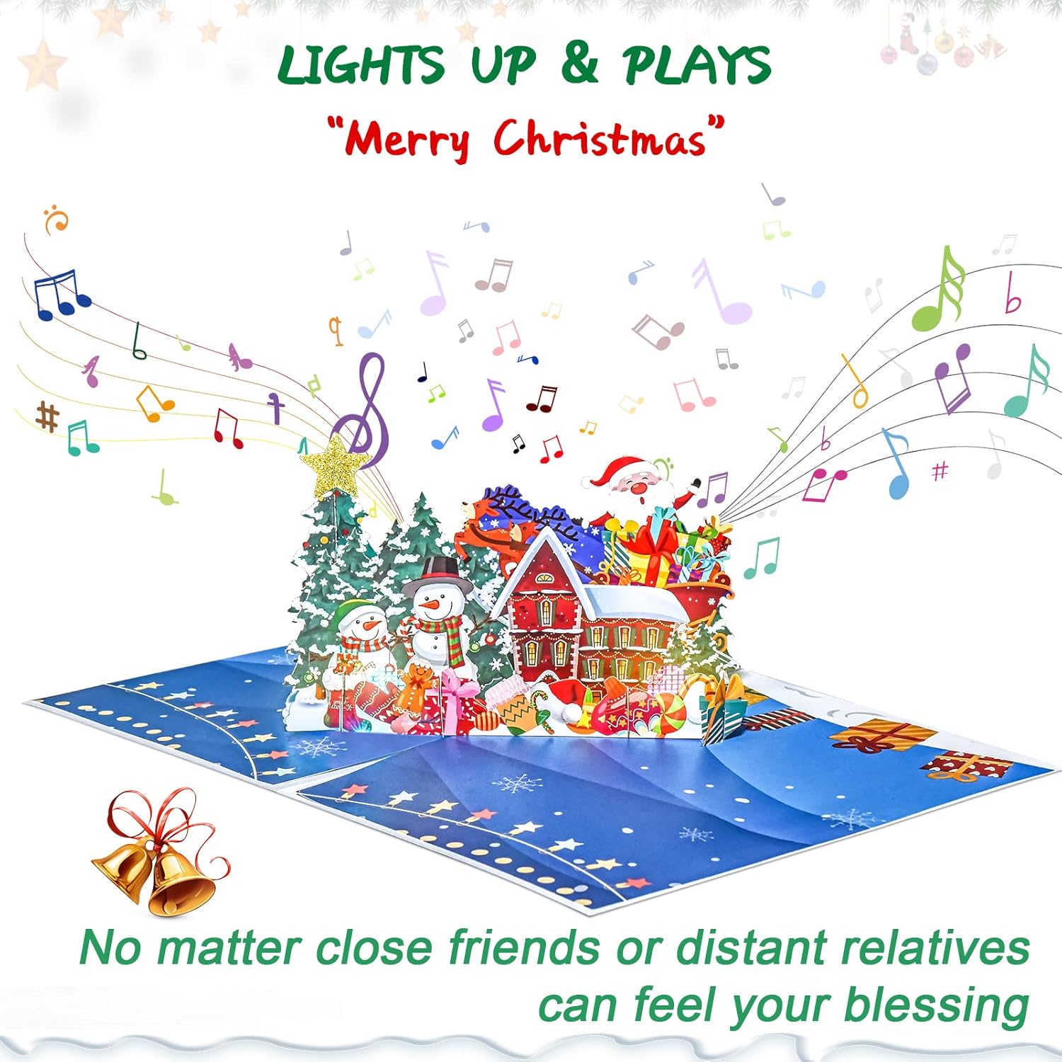Venhoo Tarjeta de Navidad musical, tarjetas emergentes de Navidad 3D con luces y música de Feliz Navidad, diseño de doble cara, tarjeta de
