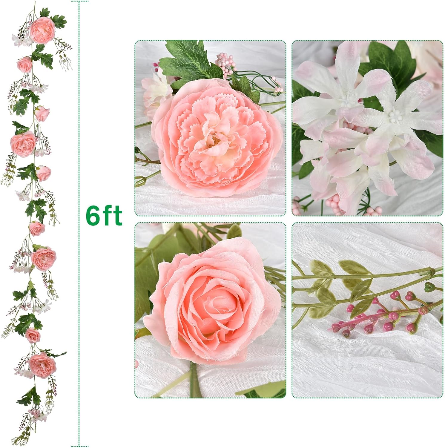 Artiflr Paquete de 2 guirnaldas de peonías artificiales, guirnalda de flores de 12 pies, guirnalda de rosas con flores de peonía mixtas y hojas