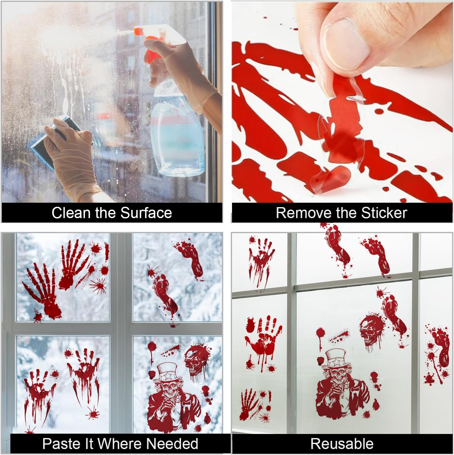 15 hojas de decoración de Halloween, 156 piezas de huellas de manos sangrientas de Halloween, calcomanías de ventana de esqueleto de terror,