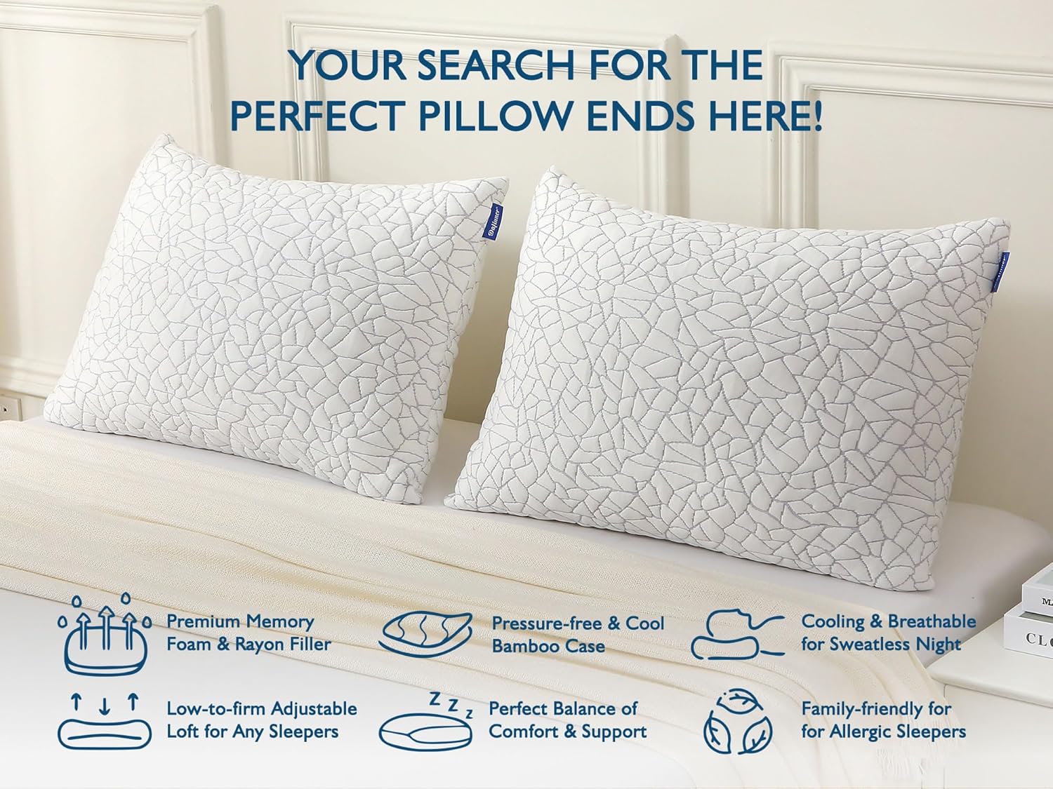 Dafinner Juego de 2 almohadas de espuma viscoelástica tamaño King  Almohada ajustable para dormir de estómago, espalda o de lado  Funda de rayón de