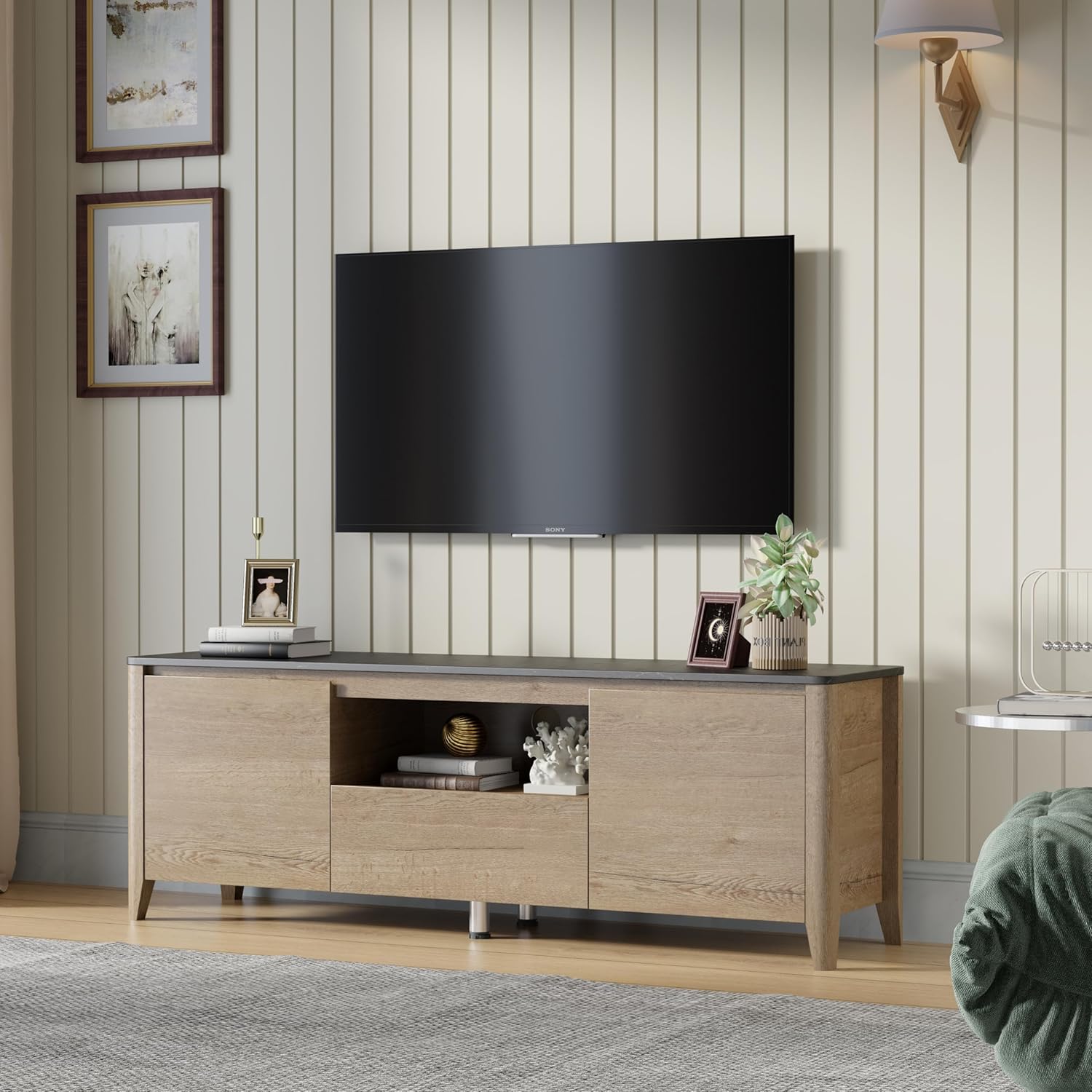 TV Stand with Black Marble Pattern, Entertainment Center for TVS ups to 58 Inch, Media Console with LED with Cabinets and Shelves for Living Room