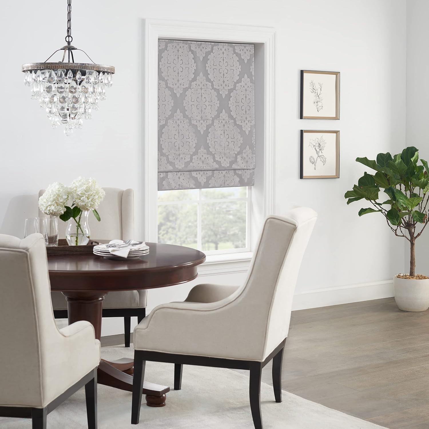ECLIPSE Carlton Damask – Persiana romana con forro sin cordones para sala de estar, 35 x 64 pulgadas, color plateado