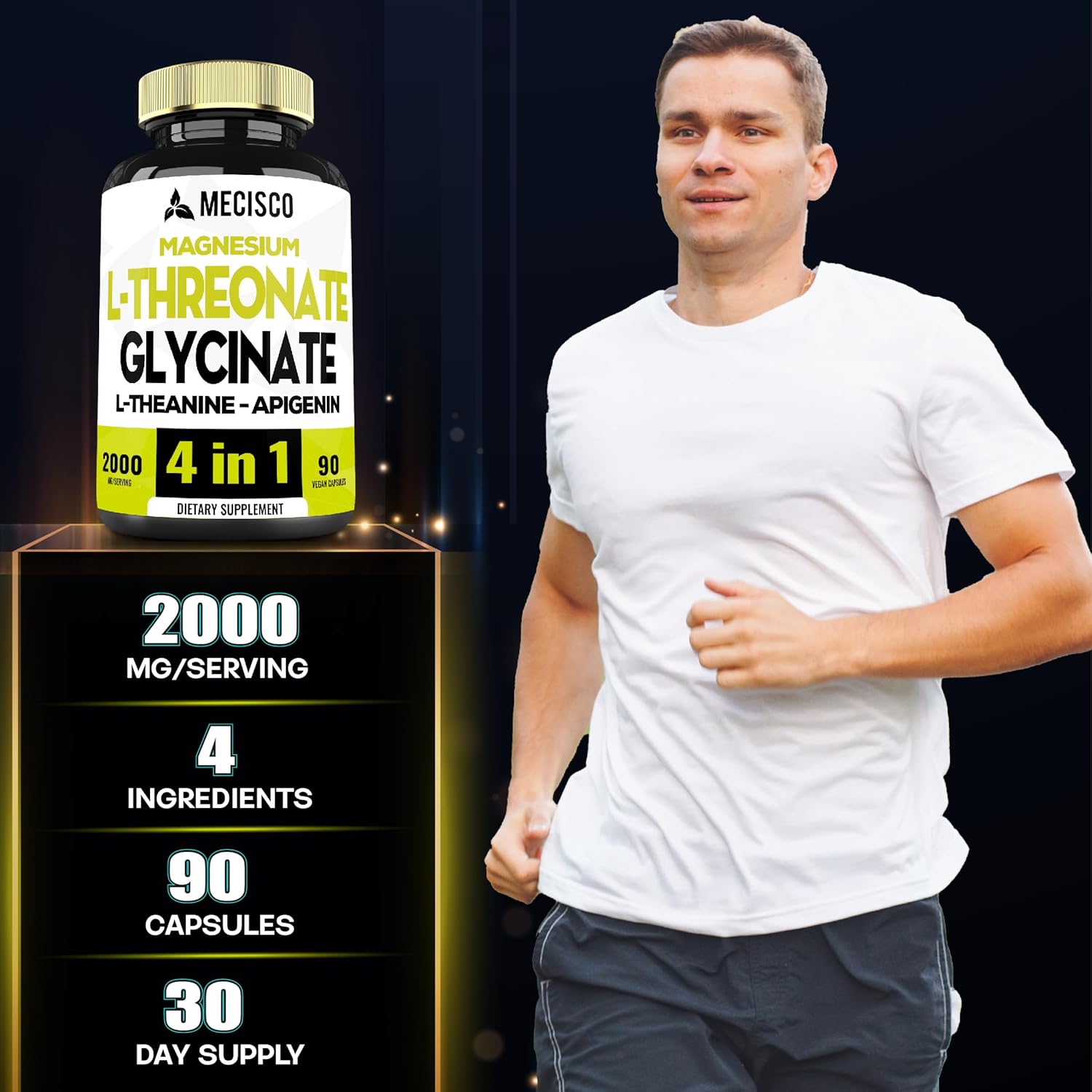 90 cápsulas  Suplemento de treonato de magnesio L de 2000 mg con glicinato de magnesio, L-teanina y apigenina  Estado de ánimo positivo, salud