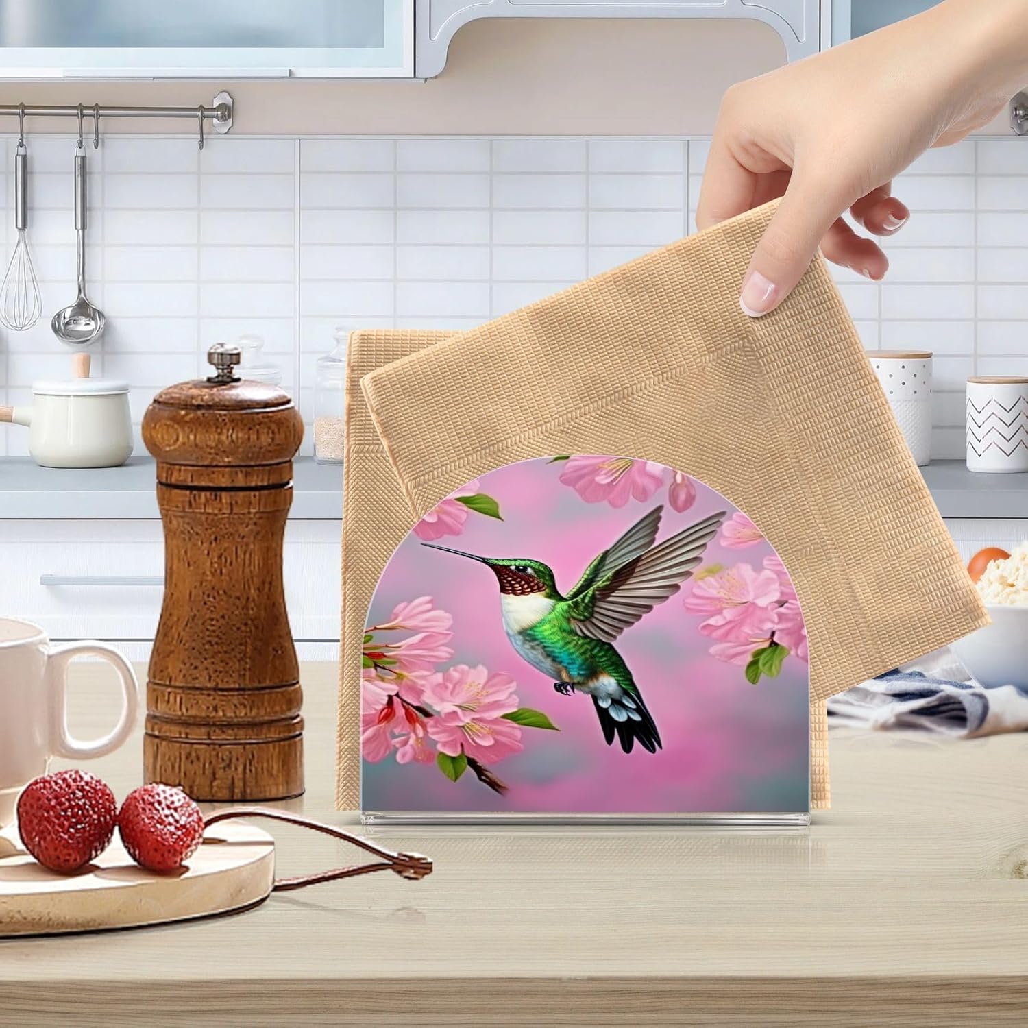 Servilleteros de colibrí y flor de cerezo para mesas, servilleteros de acrílico transparente, servilleteros de cóctel para cocina, restaurante, bar,