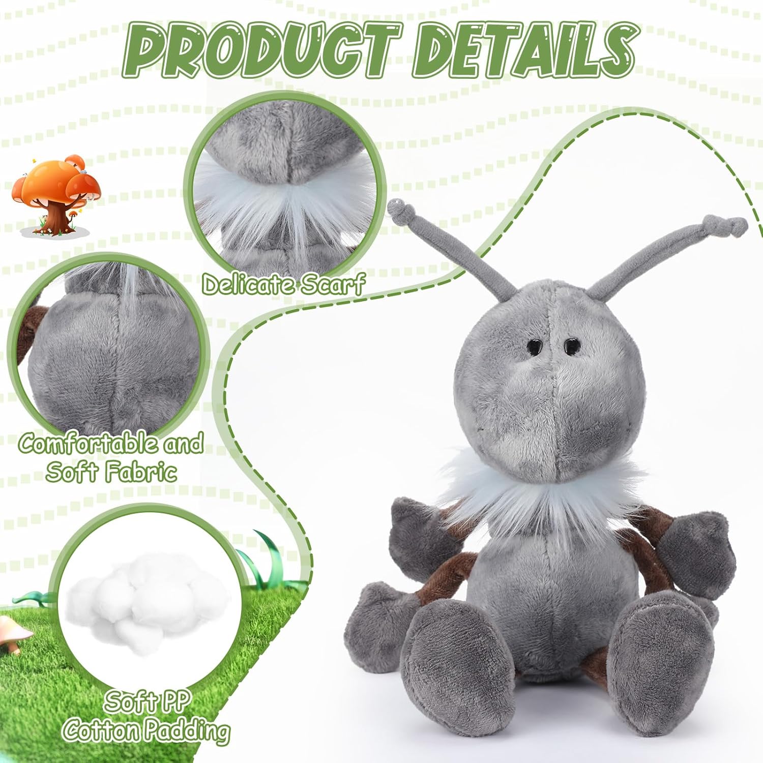 Shappy 3 piezas de peluche de hormigas con bufanda, animal de peluche suave de hormigas para cumpleaños, vacaciones, fiestas, regalos, decoración