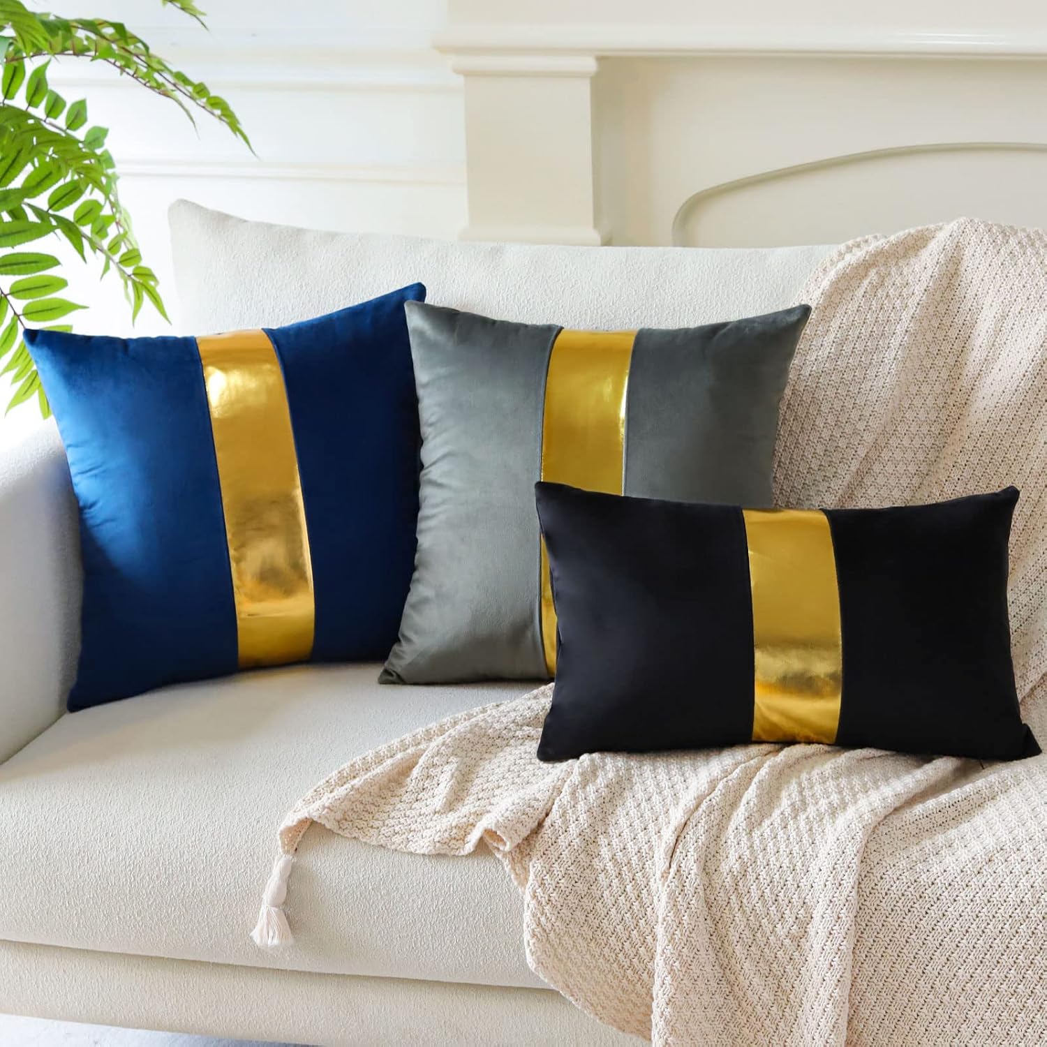 Artscope Juego de 2 fundas de almohada de terciopelo negro con costuras de cuero dorado, fundas de almohada cuadradas modernas y minimalistas para