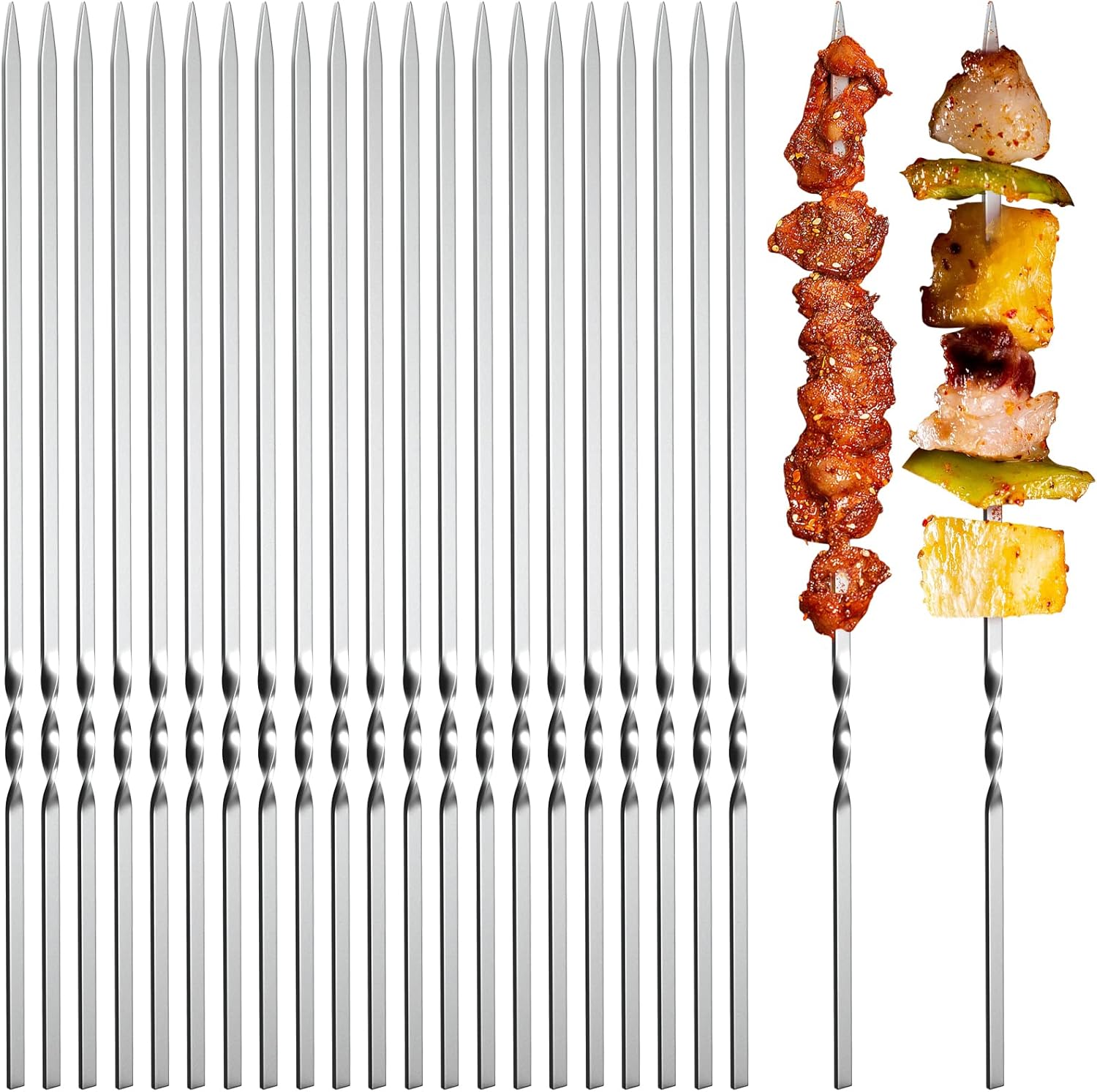 50 brochetas de metal plano para barbacoa de 14.8 pulgadas de largo de acero inoxidable, palitos de kebob anchos reutilizables para cocinar al aire