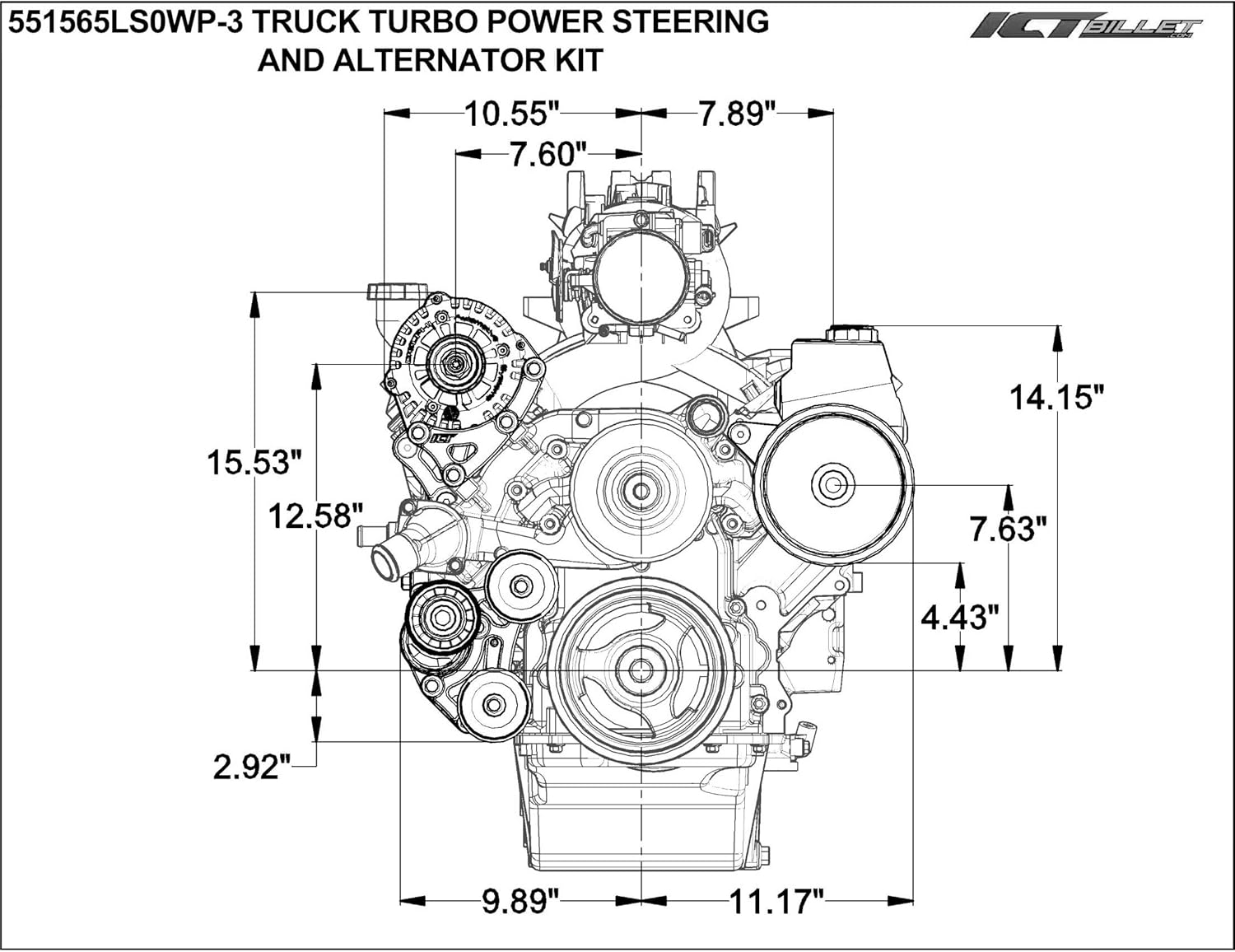 ICT Billet LS Turbo Alternador y soporte de dirección asistida Kit para bomba de agua LS1 LS3 Fabricado en Estados Unidos Aluminio Compatible con GM