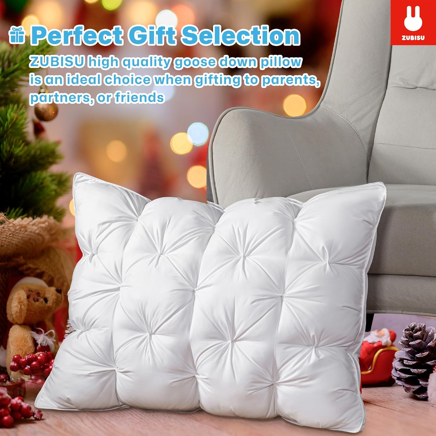 ZUBISU Almohada de plumón de ganso blanco de lujo, tamaño Queen, 800 de potencia de relleno, almohada de plumas de hotel esponjosa y suave,