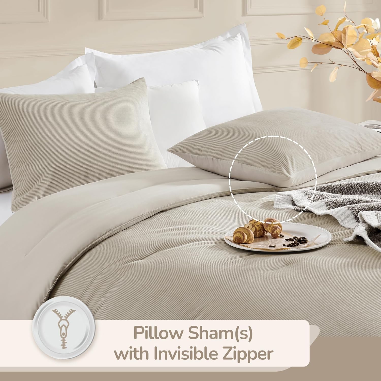 downluxe Juego de edredón de pana tamaño individual color beige, 2 piezas de edredón de pana de poliéster ultrasuave para niños, juego de edredón