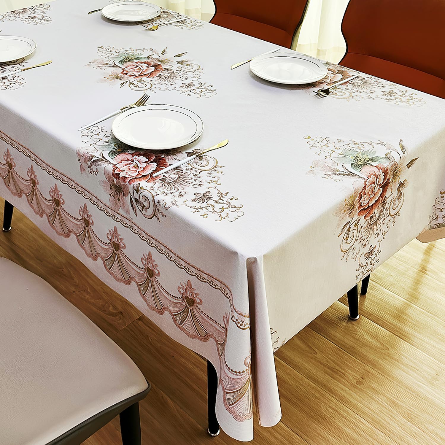 JADD Mantel rectangular de vinilo impermeable, resistente al aceite, a prueba de derrames, mantel de PVC con flores beige, mantel de plástico