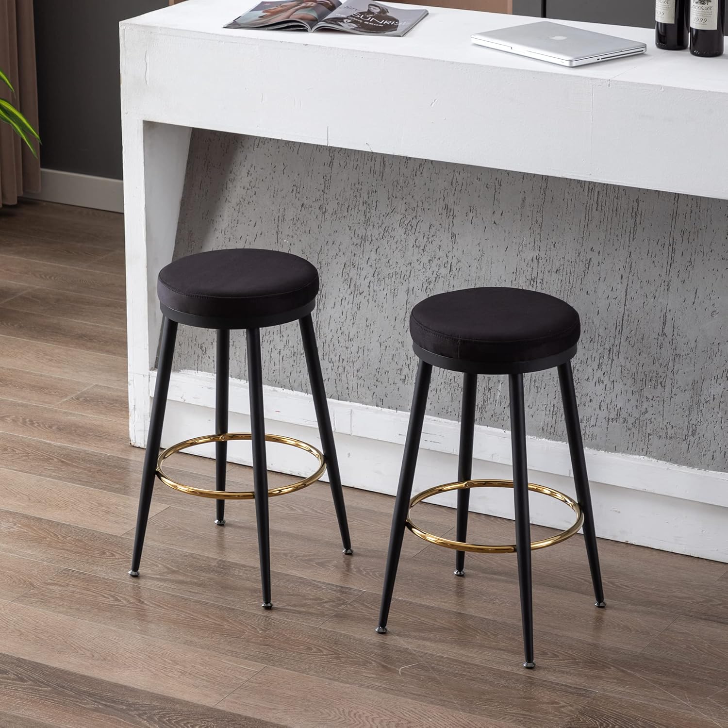 chairus Juego de 2 taburetes de bar de altura de mostrador de 26 pulgadas, moderno taburete sin espalda con reposapiés dorado, cómodas sillas de bar
