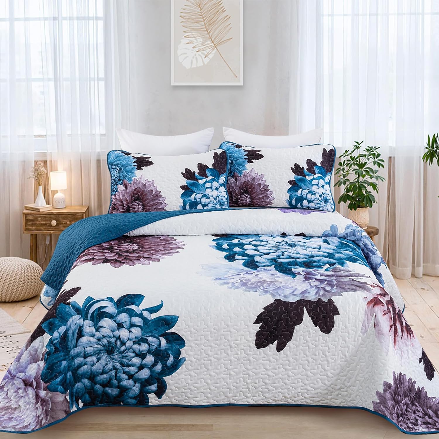Dintszyayue Juego de edredón floral tamaño King, juego de edredón de 3 piezas con flores azules con 2 fundas de almohada, colcha de microfibra
