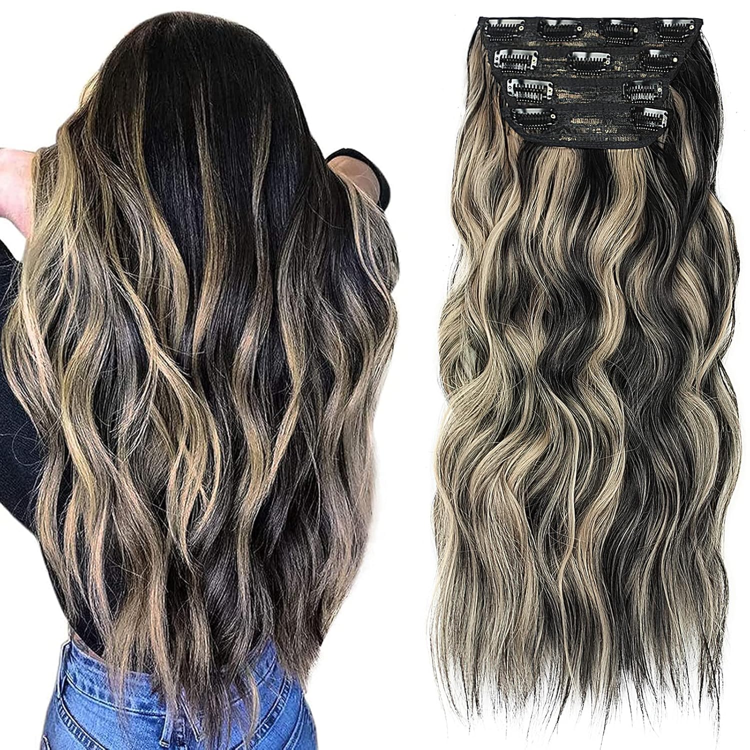 Vigorous Extensiones de cabello sintético con pinzas, 4 unidades, extensiones de cabello sintético largo ondulado con mezcla de rubio negro para
