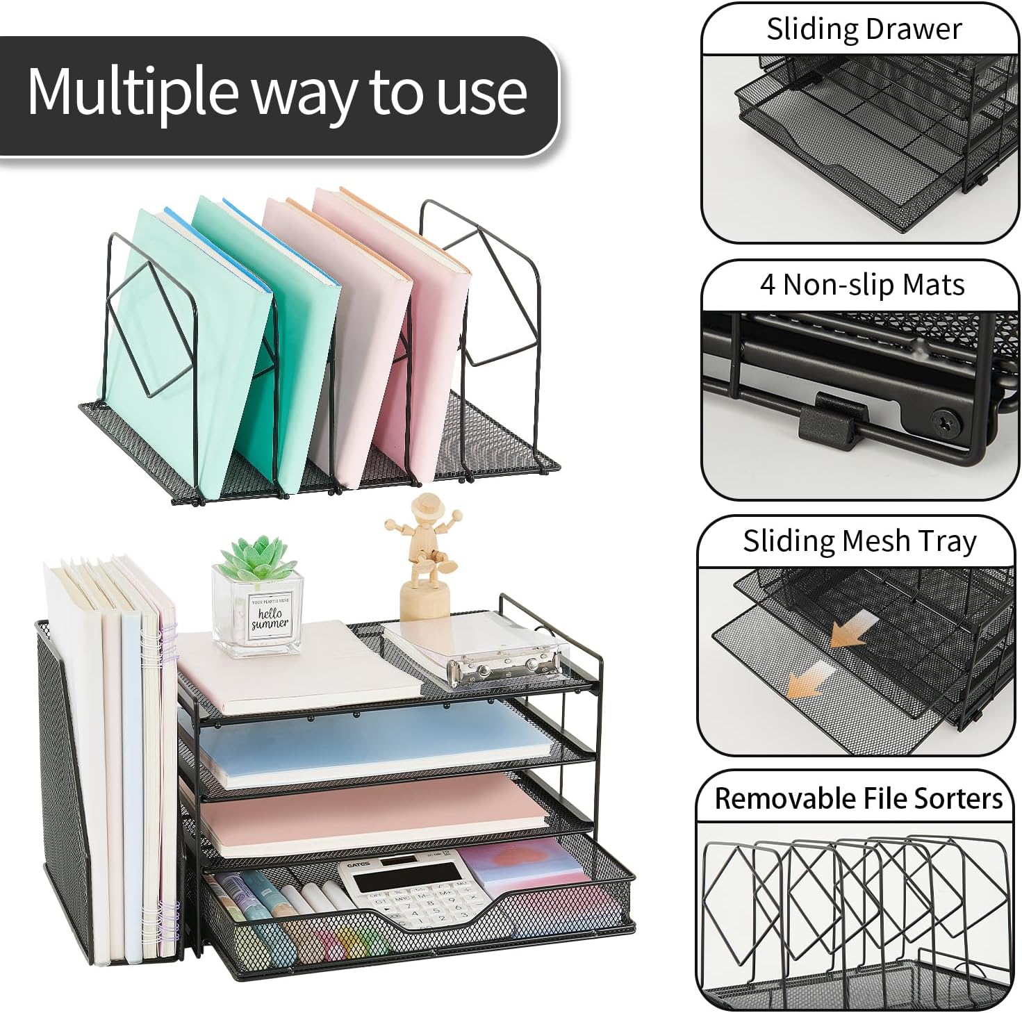 Spacrea Desk Organizers and Accessories, 4-Tier Letter Trays Paper Organizer with File Holder and Drawer, File Organizer for Home Office Supplies