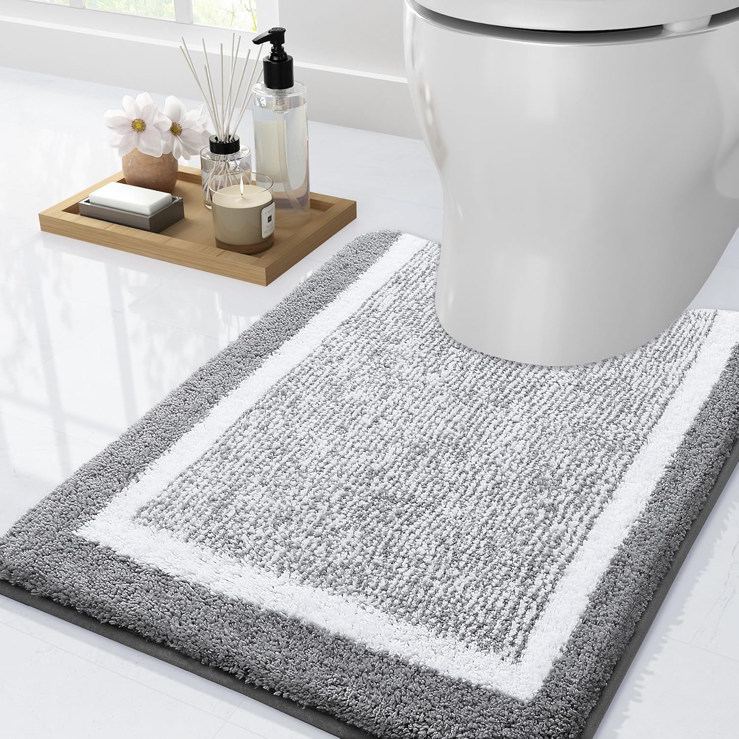 OLANLY Alfombras de baño y inodoros en forma de U, tamaño 47 x 24 pulgadas y alfombras de inodoro de 24 x 20 pulgadas, color gris, paquete de 2