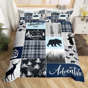 Juego de ropa de cama de cabaña de granja, funda de edredón rústica de oso y ciervo, tamaño Queen, funda de edredón de retazos de bosque para niños, Juego de ropa de cama de cabaña de granja, funda de edredón rústica de oso y ciervo, tamaño Queen, funda de edredón de retazos de bosque para niños,