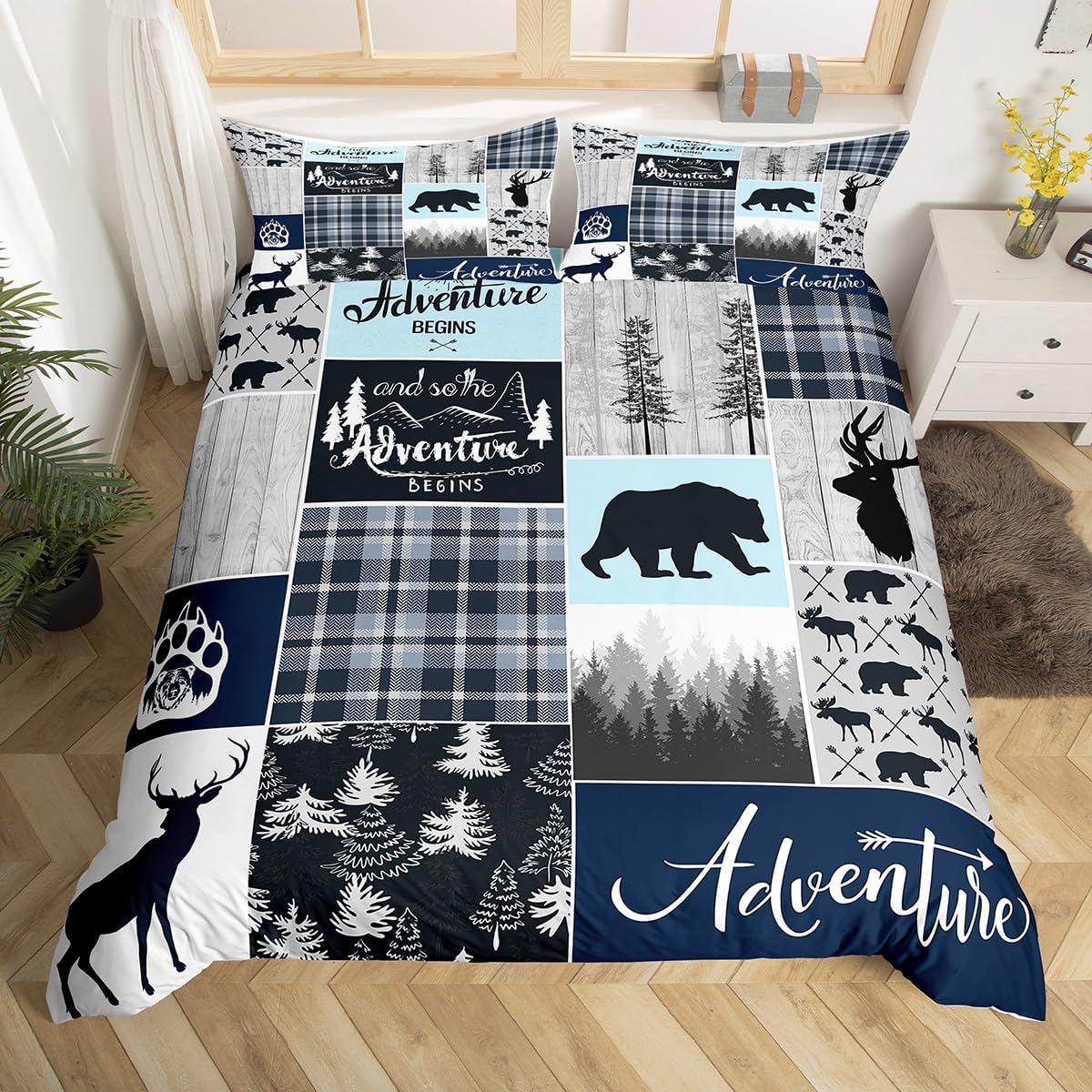 Juego de ropa de cama de cabaña de granja, funda de edredón rústica de oso y ciervo, tamaño Queen, funda de edredón de retazos de bosque para niños,