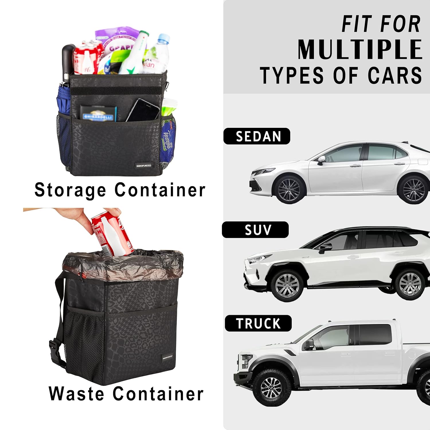 Bonito bote de basura para automóvil con tapa, a prueba de fugas, impermeable, bolsillos de almacenamiento de basura multiusos, organizador