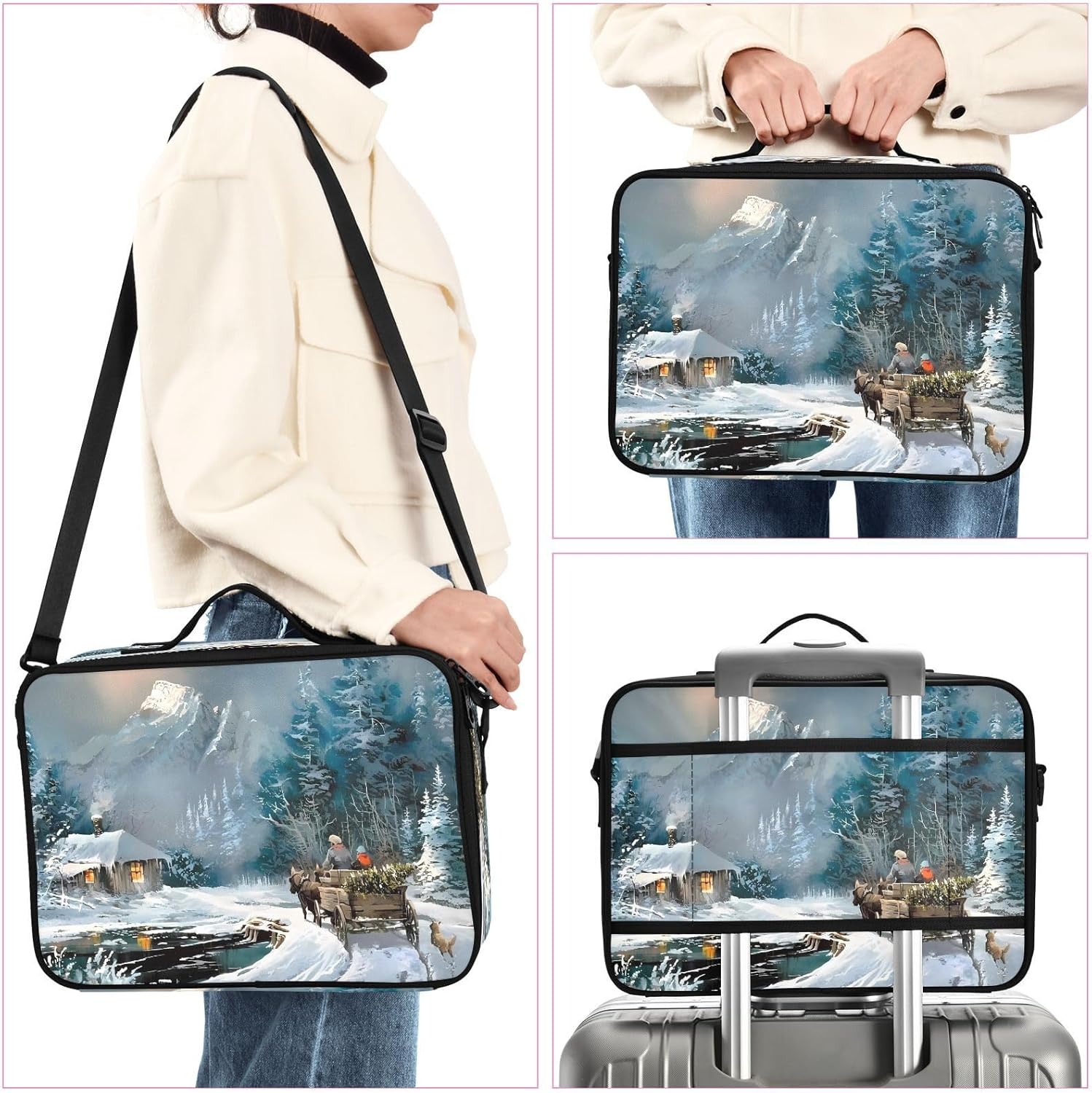 White Snowy Countryside zip cosmetic bag bags for traveling opening makeup bag portable makeup bag estuche maquillaje para ninas for women girl teen