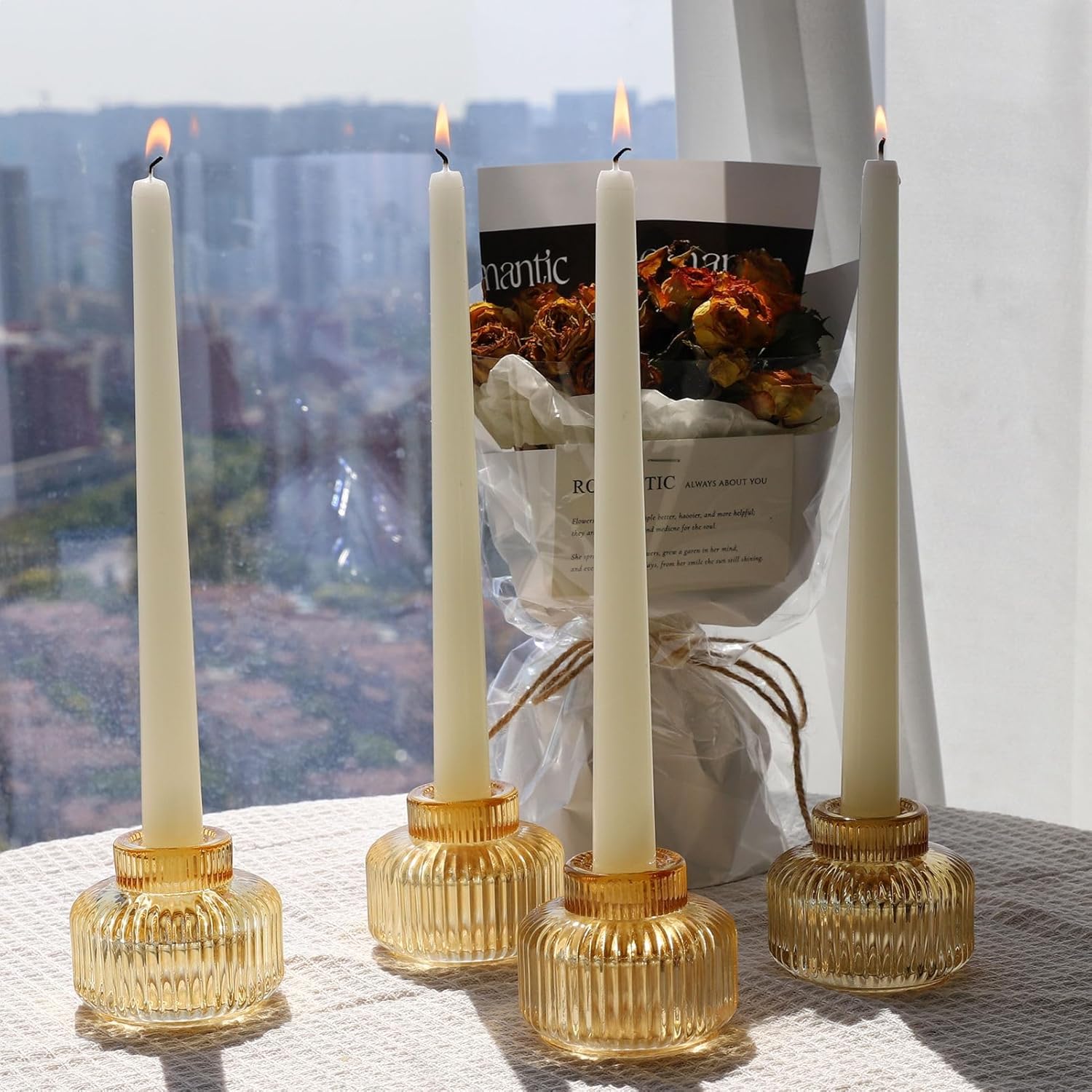Woho Juego de 8 portavelas dorados para mesa de fiesta de boda, candelabros cónicos de vidrio acanalado para decoración de cumpleaños y Navidad