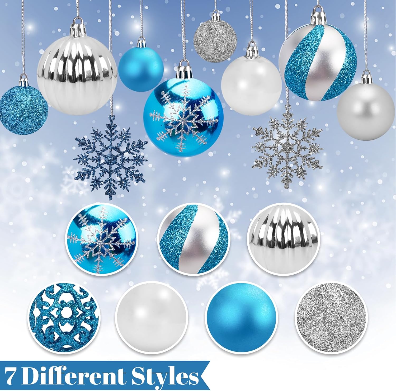 DomeStar 100 adornos de bolas de Navidad, adornos para árbol de Navidad, bolas inastillables con purpurina, copos de nieve para árbol de Navidad,