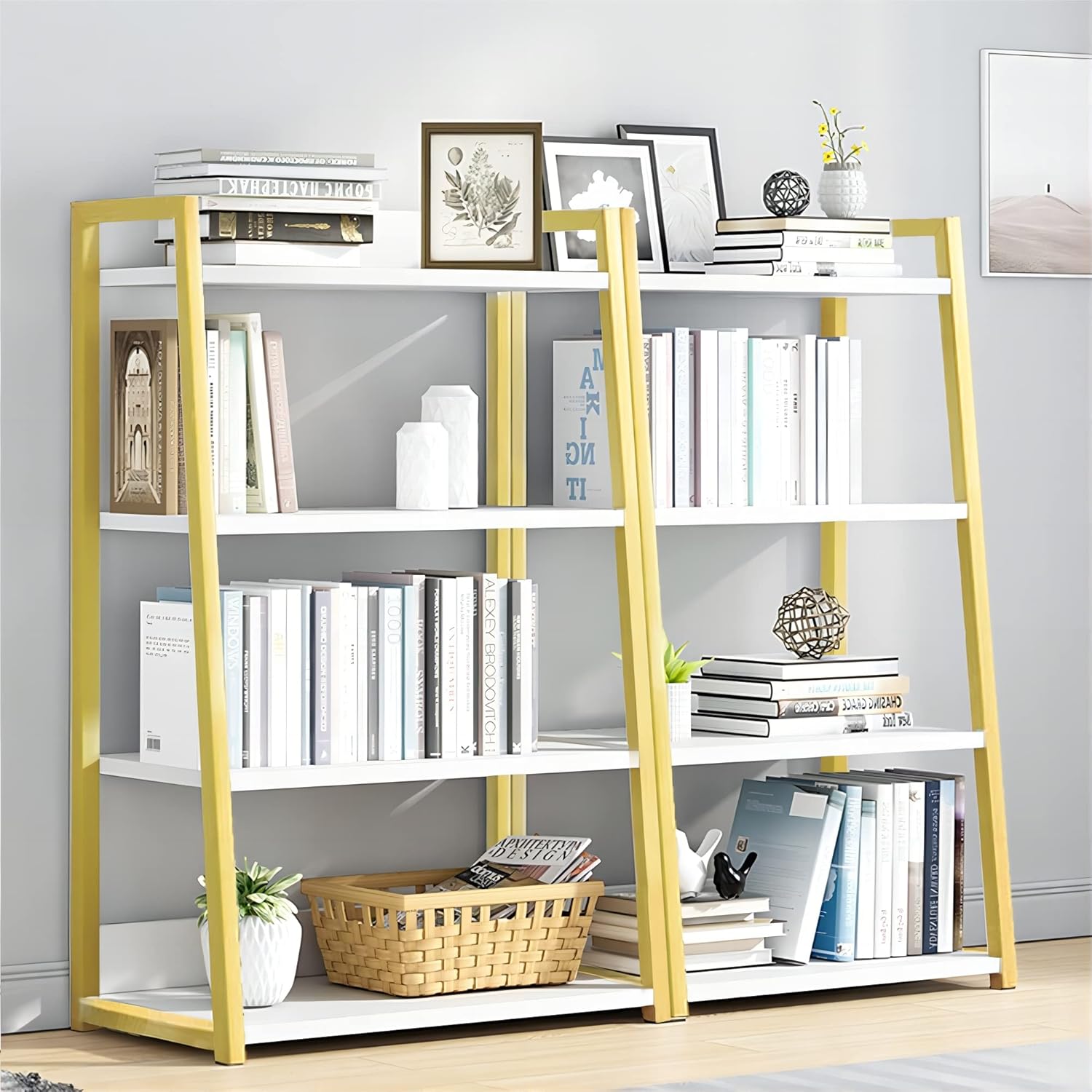 IOTXY Estantería abierta de 4 niveles, soporte de exhibición de acero y madera, estantería de pie de 19.7 in de ancho, color dorado