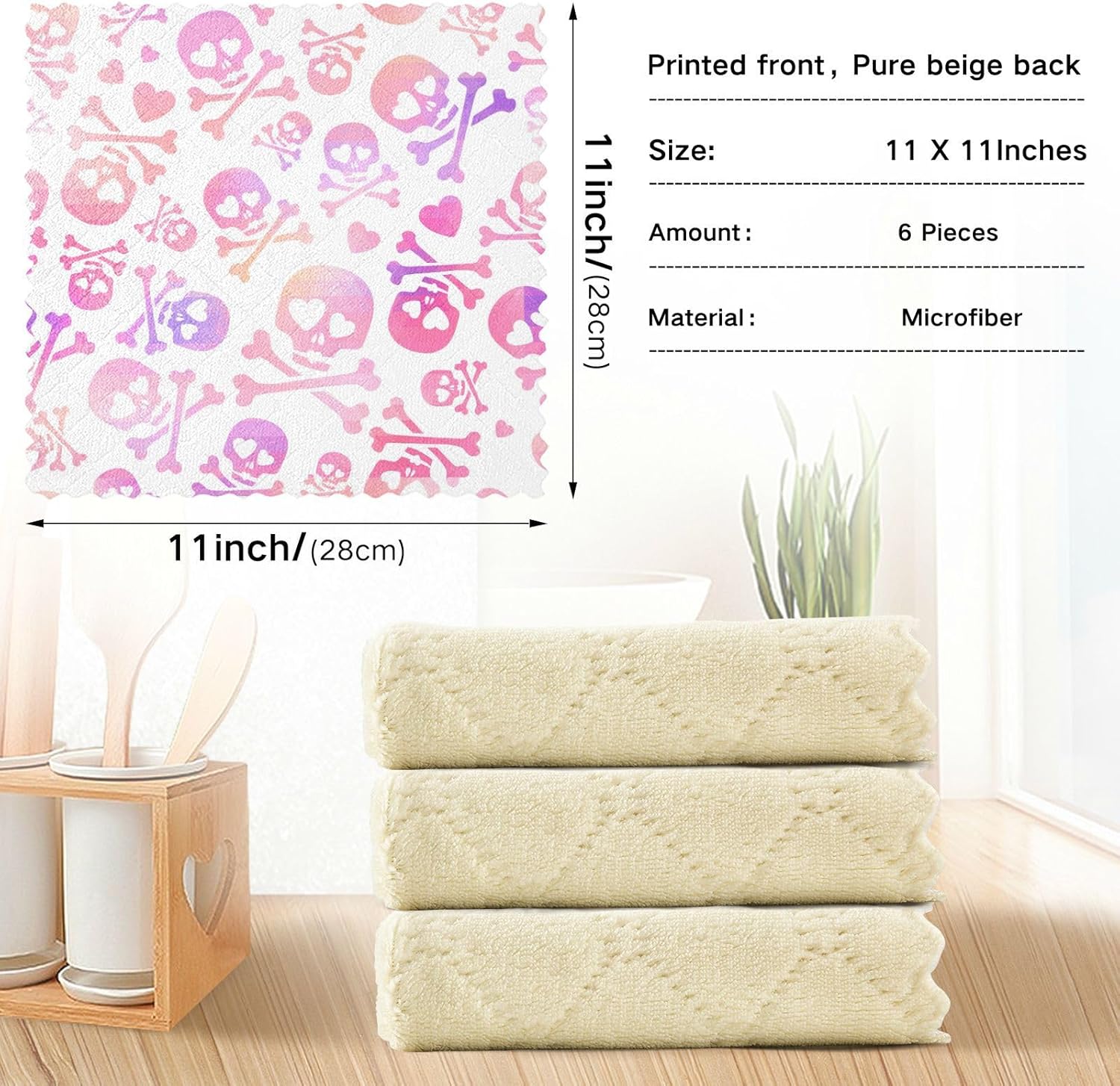 Funny Skulls Love Pink Purple 6 Pack Absorbent Microfiber Towels Kitchen Decor Quality Kitchen Tea Towels for Countertop Oven
