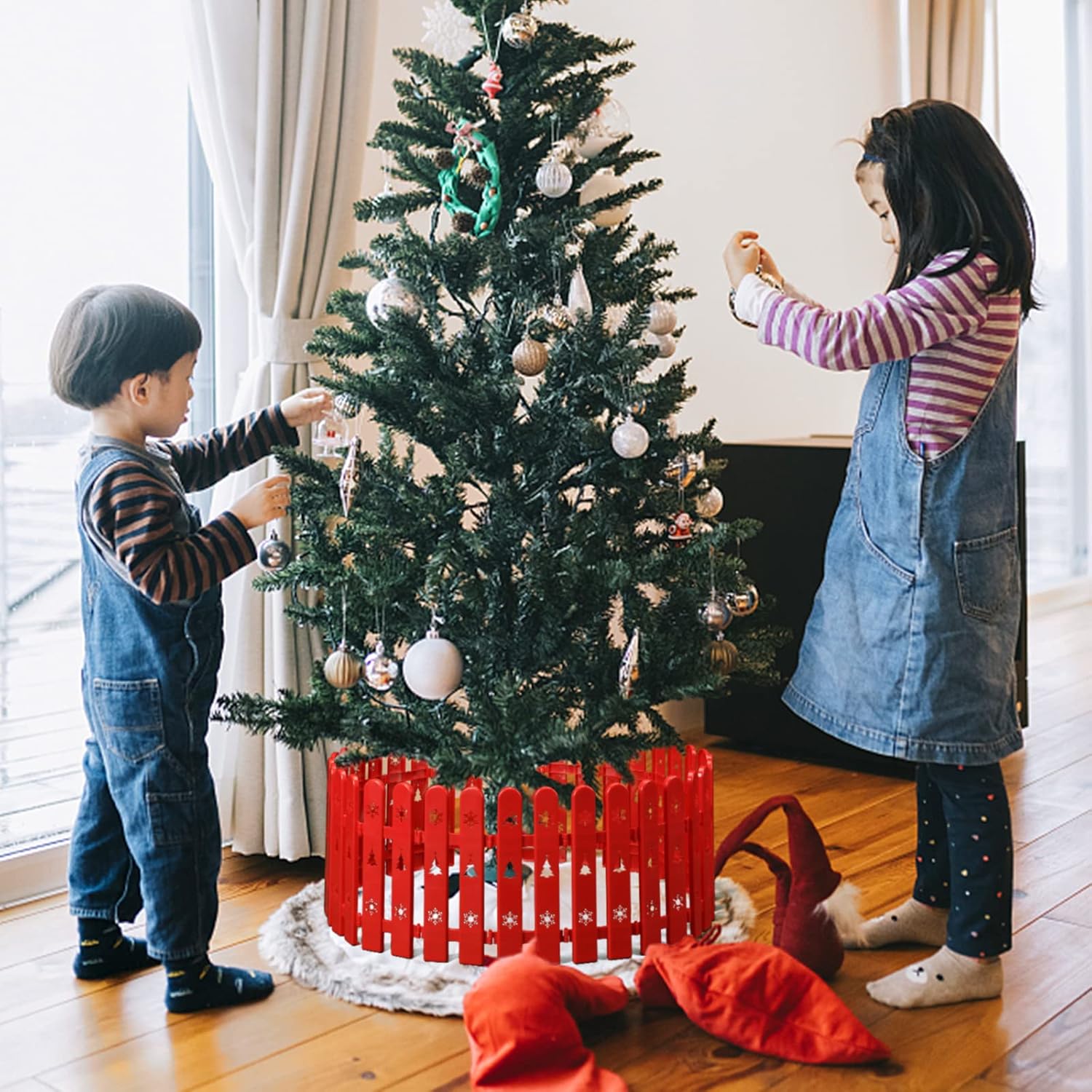 Decoración de cercas para árbol de Navidad, 24 piezas de valla de plástico rojo para puerta del árbol de Navidad, borde de valla de árbol de
