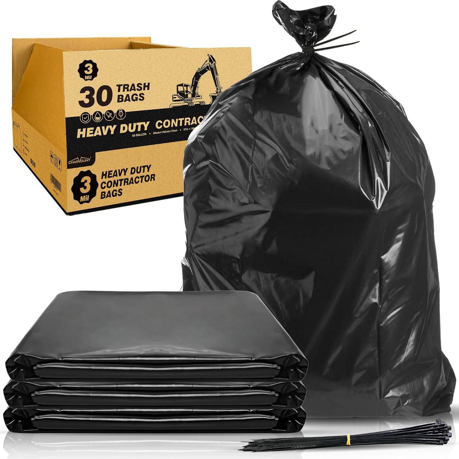 Charmount Bolsas de basura para contratistas de 55 galones, resistentes de 3 mil, 30 unidades con lazos de 37 x 56 pulgadas, bolsas de basura