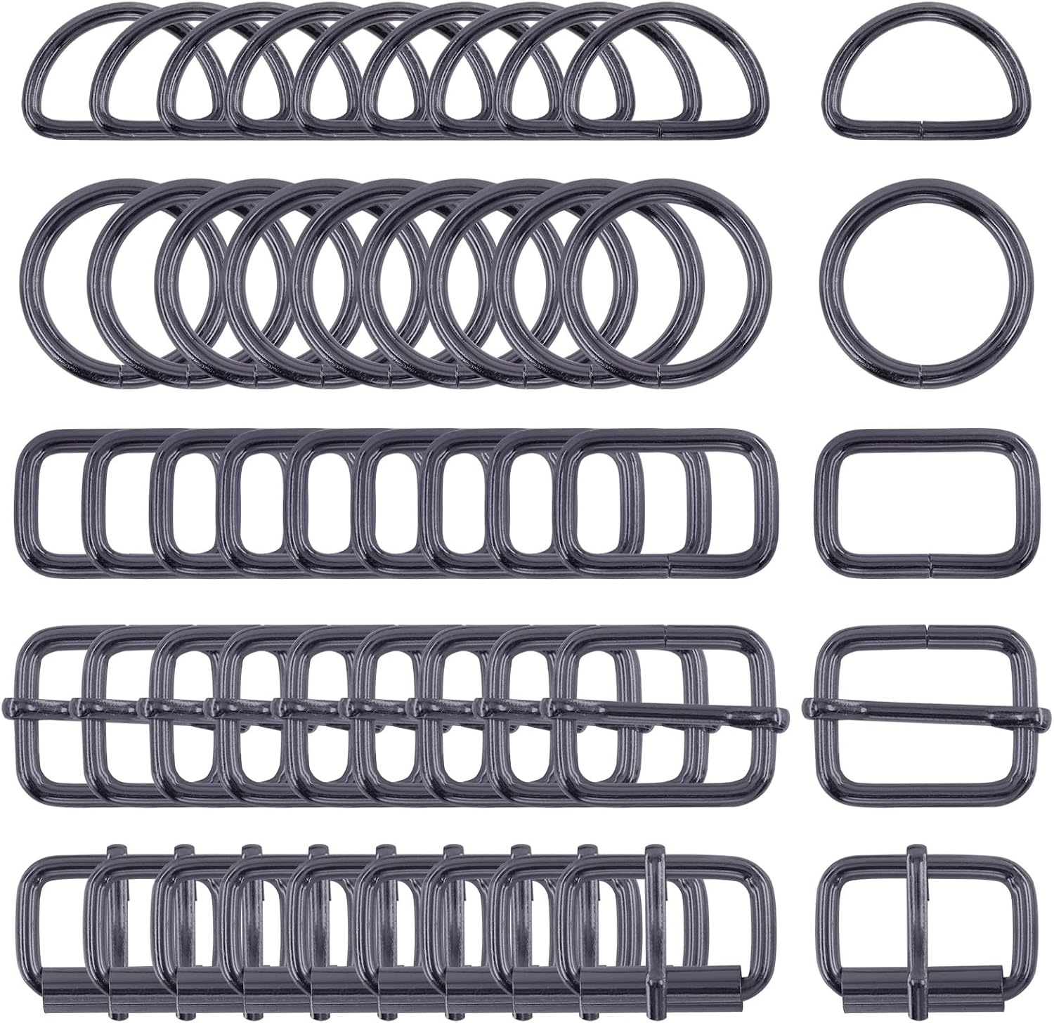 Swpeet 50 hebillas de metal de 5 estilos, hebillas de rodillo de metal, hebillas deslizantes ajustables de metal, anillo D, anillo circular, anillo