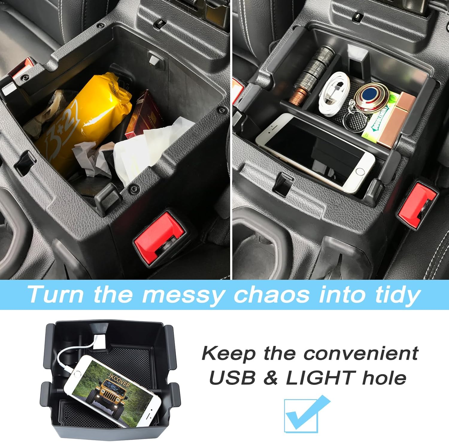 Caja organizadora de consola central de 3 piezas compatible con Wrangler 2018-2024 y Gladiator 2020-2023, organizador de cambio de engranajes,
