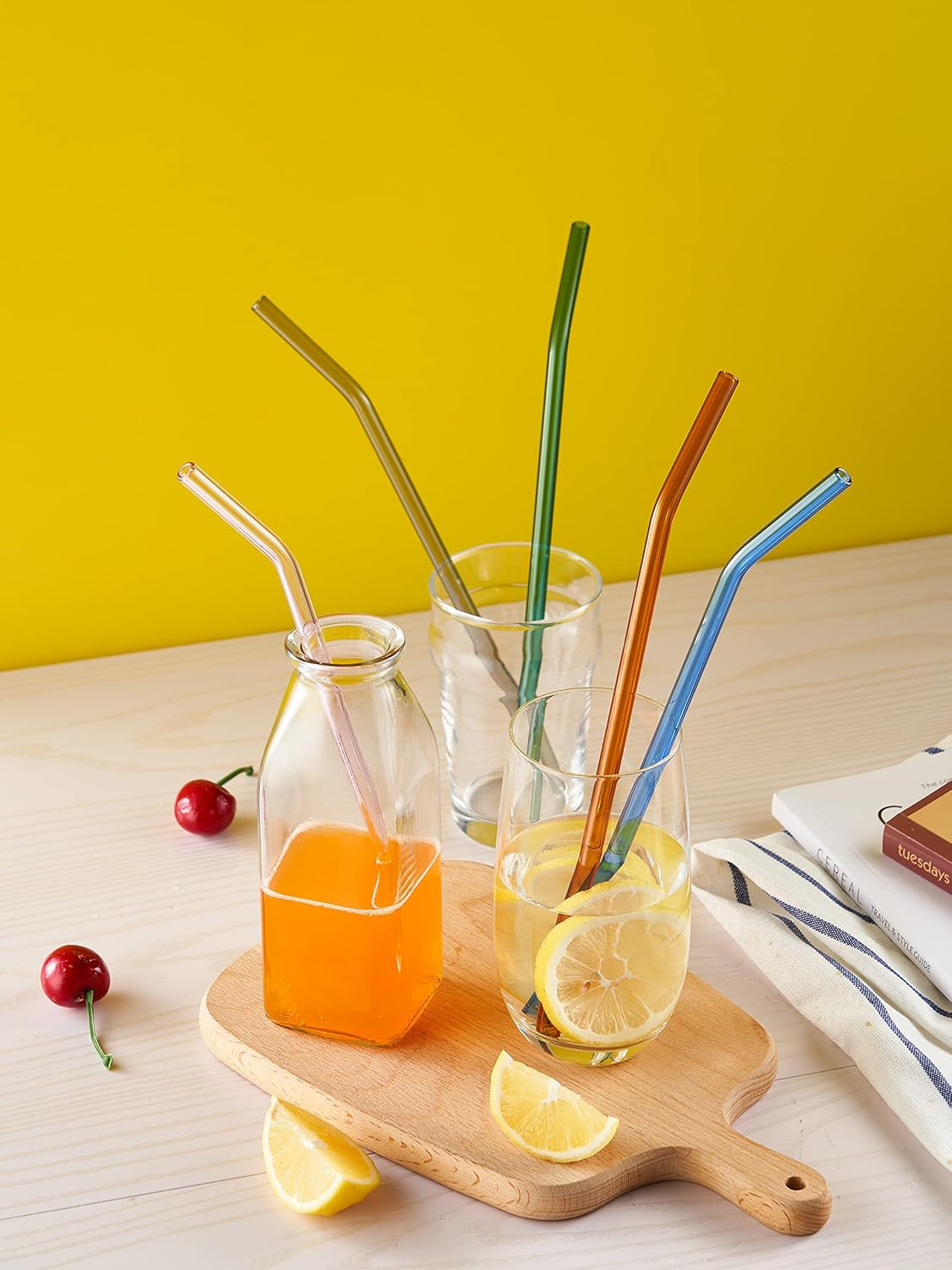 Juego de 8 popotes de vidrio para vaso de 20 onzas, 30 onzas, popotes reutilizables con dos cepillos de limpieza, popote de vidrio para vaso