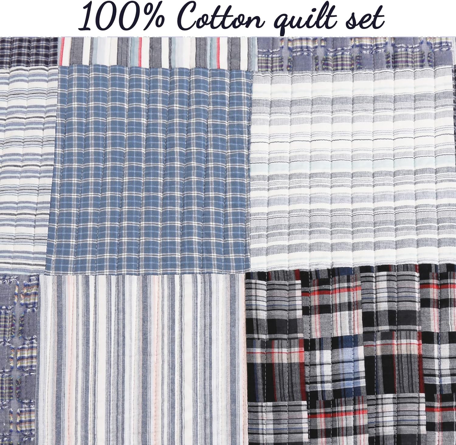 Cozy Line Home Fashions Juego de ropa de cama reversible de 100% algodón, azul marino, a cuadros, a rayas, colcha de retazos reales (Daniel