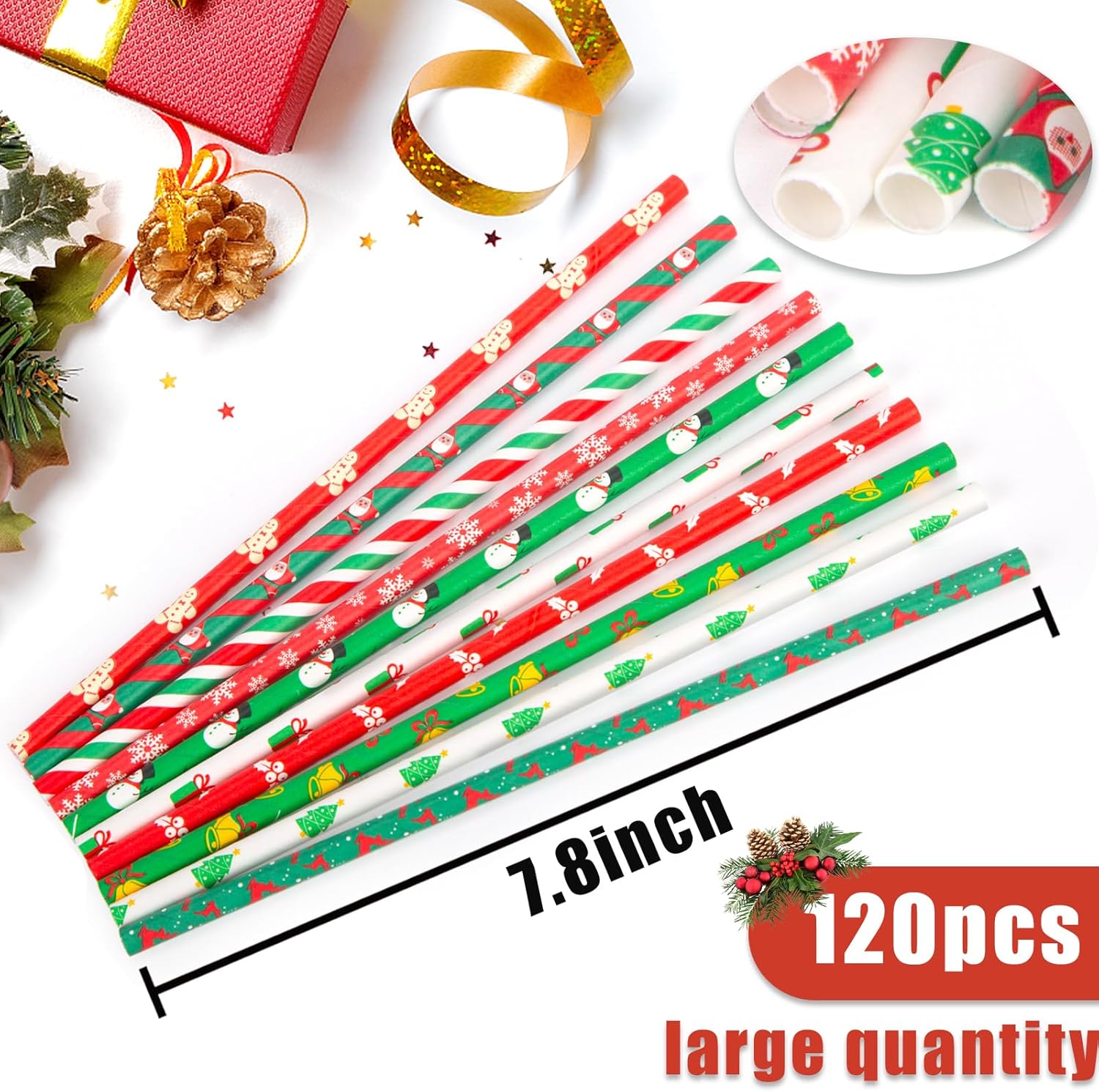 120 popotes de papel de Navidad, pajitas de Navidad de 10 estilos, pajitas decorativas para decoración de fiestas de Navidad, manualidades