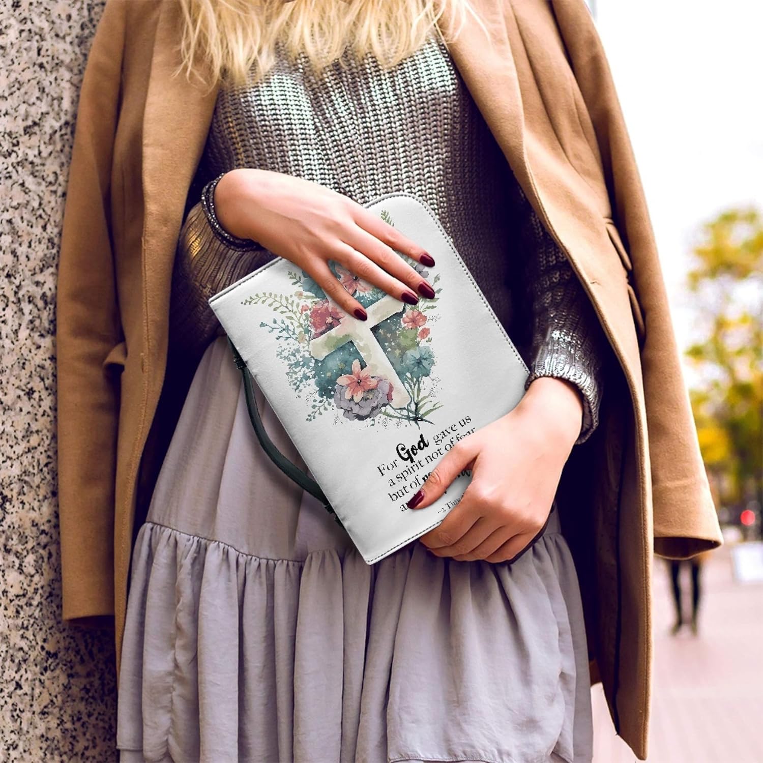 Vodetik Funda de Biblia cruzada con versículo floral para mujeres y niñas, tamaño extra grande con asa y cremallera, estuche de transporte de