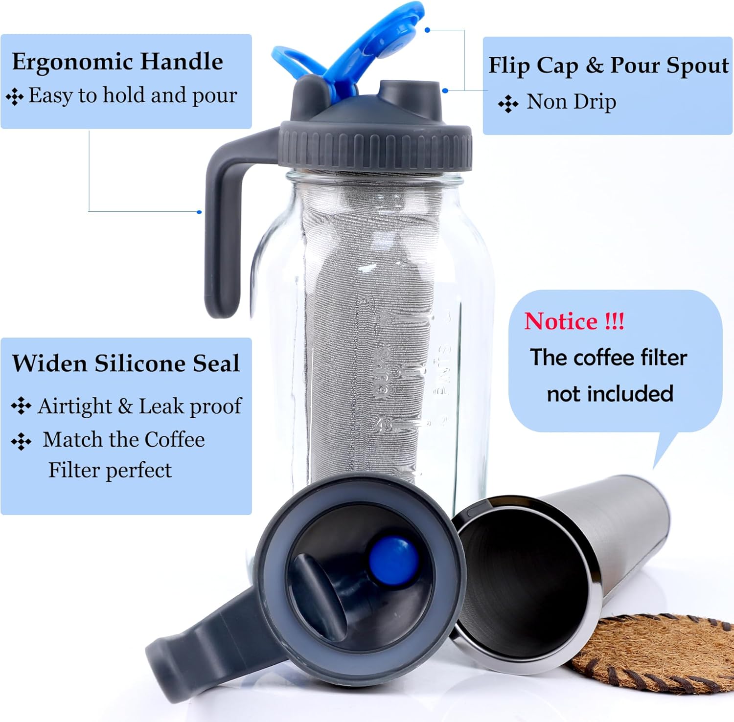 Jarra de vidrio con tapa abatible para café frío, té helado, leche, jugo, limonada