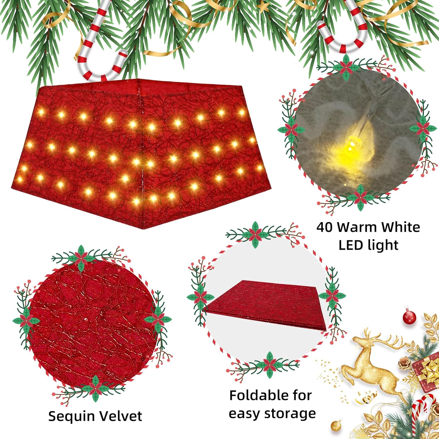 Anycosy Collar de árbol de Navidad con 70 luces LED, anillo de árbol de Navidad alimentado por batería con 8 modos y temporizador para fiesta de