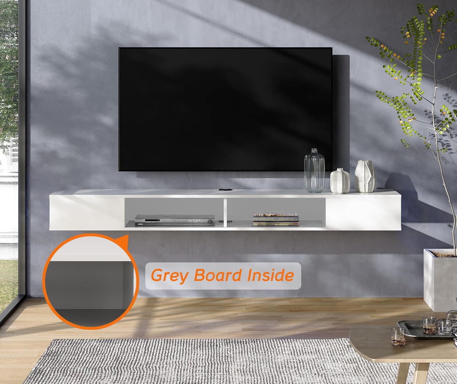 WAMPAT Estante flotante de TV de 70 pulgadas con luz LED azul, soporte de TV flotante blanco montado en la pared con almacenamiento para TV de 75
