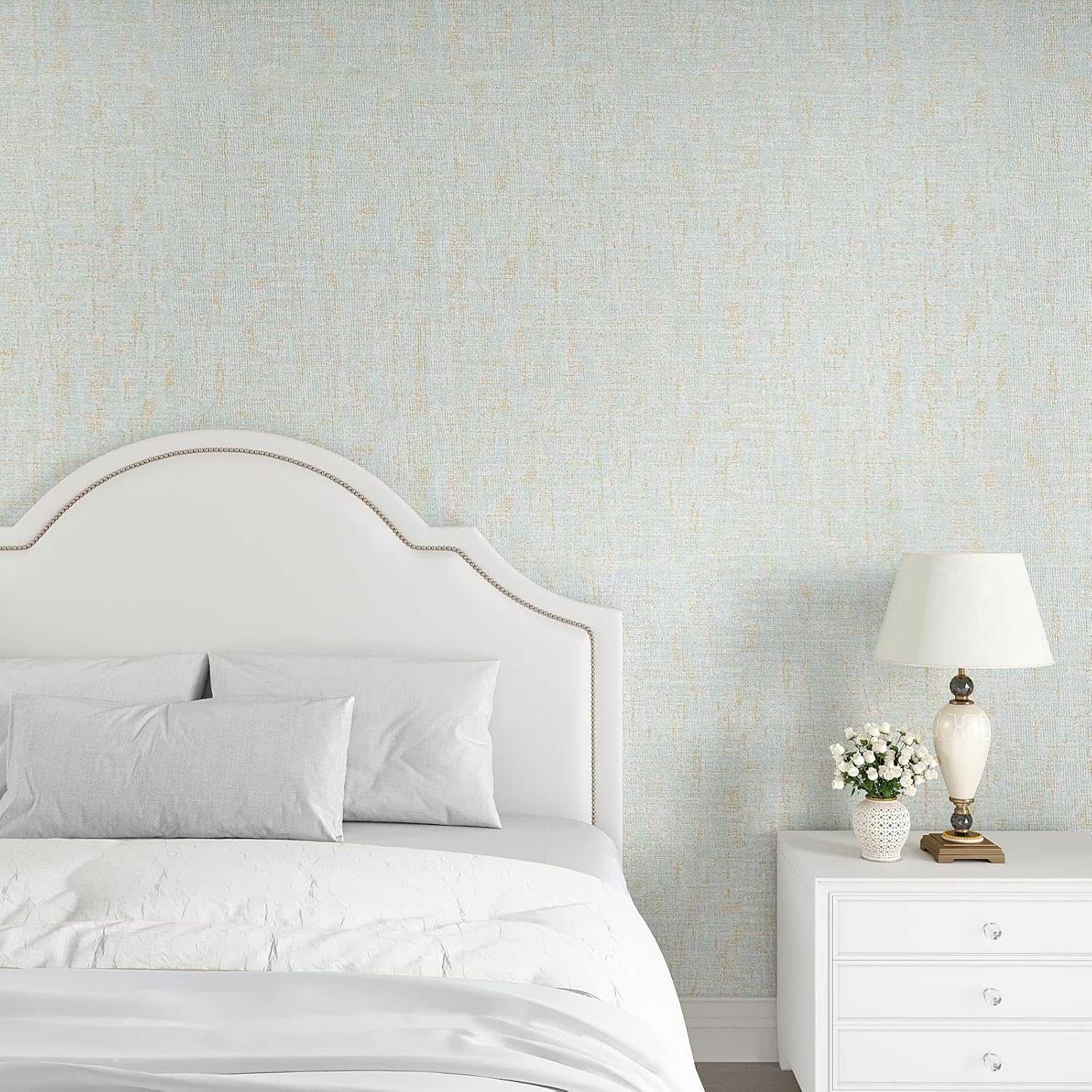 VEELIKE Papel tapiz azul dorado con textura de tela de pasto azul para dormitorio, baño, 15.7 x 354 pulgadas, papel de contacto de tela de lino azul