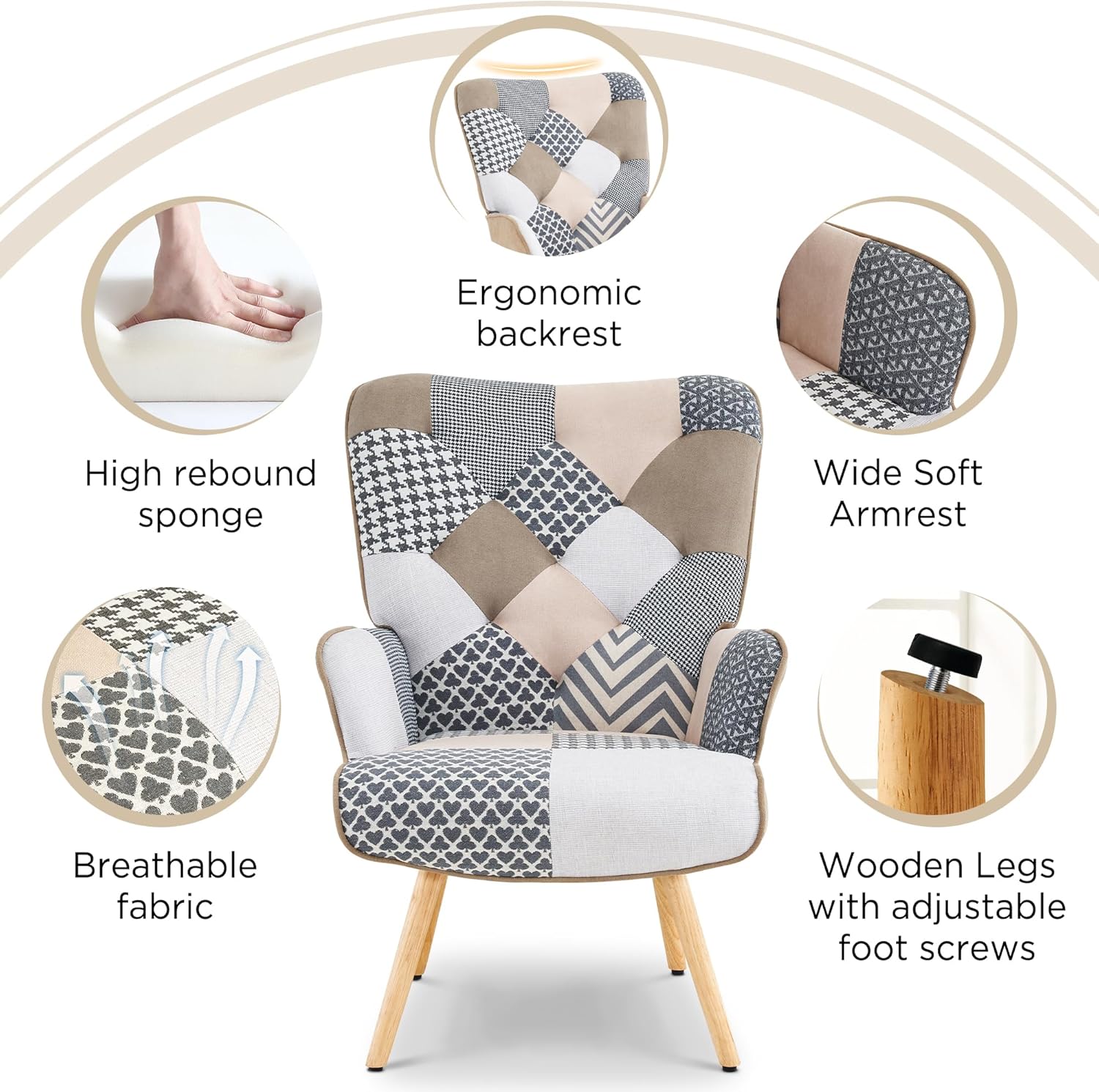 Fahomiss Silla decorativa, silla de sala de estar, sillón moderno con respaldo alto, sillas de lectura de parches coloridos para dormitorio, silla