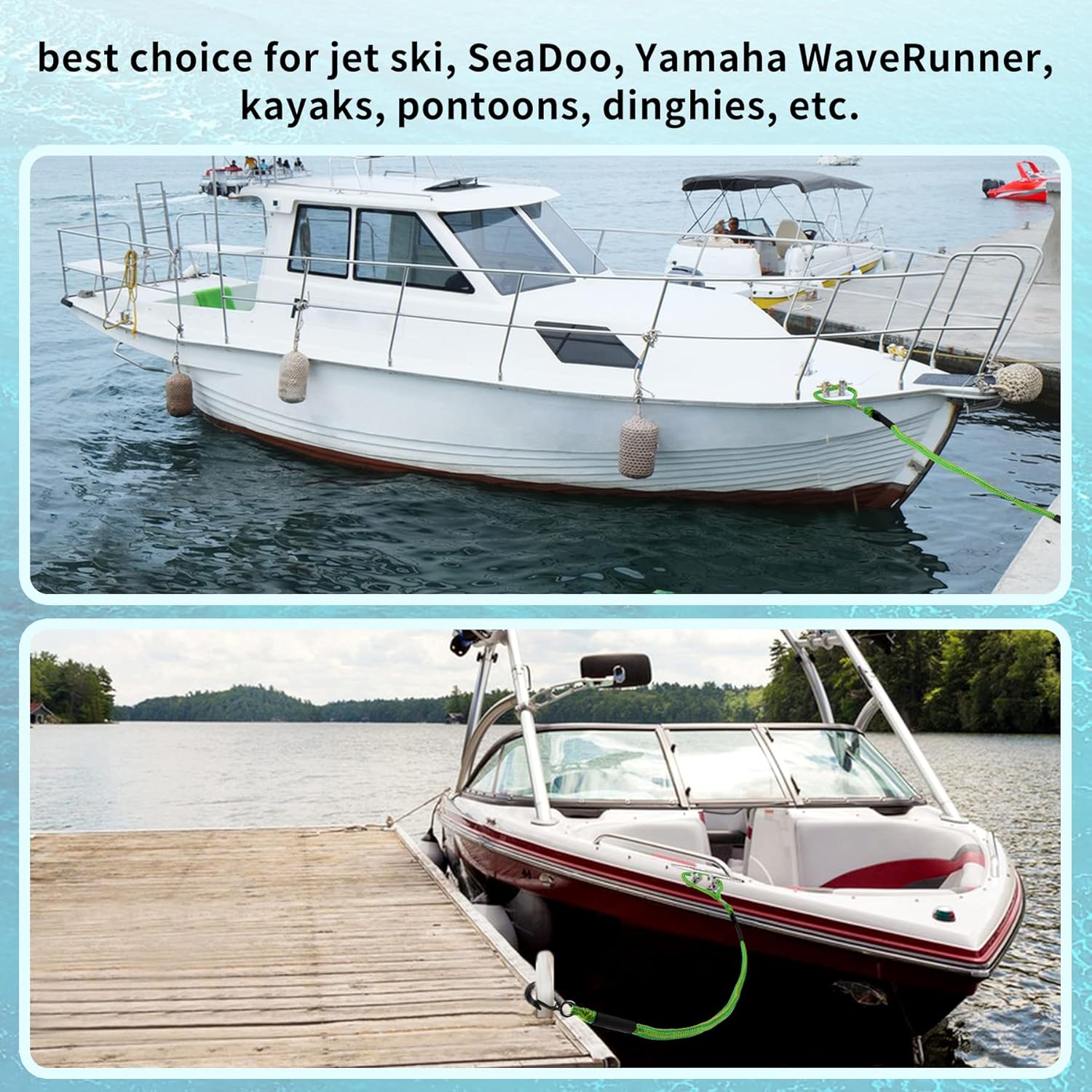 Líneas de muelle elástico para barcos, líneas de amarre marinas, cuerda de barco para acoplamiento con lazo y clip accesorios para moto acuática,