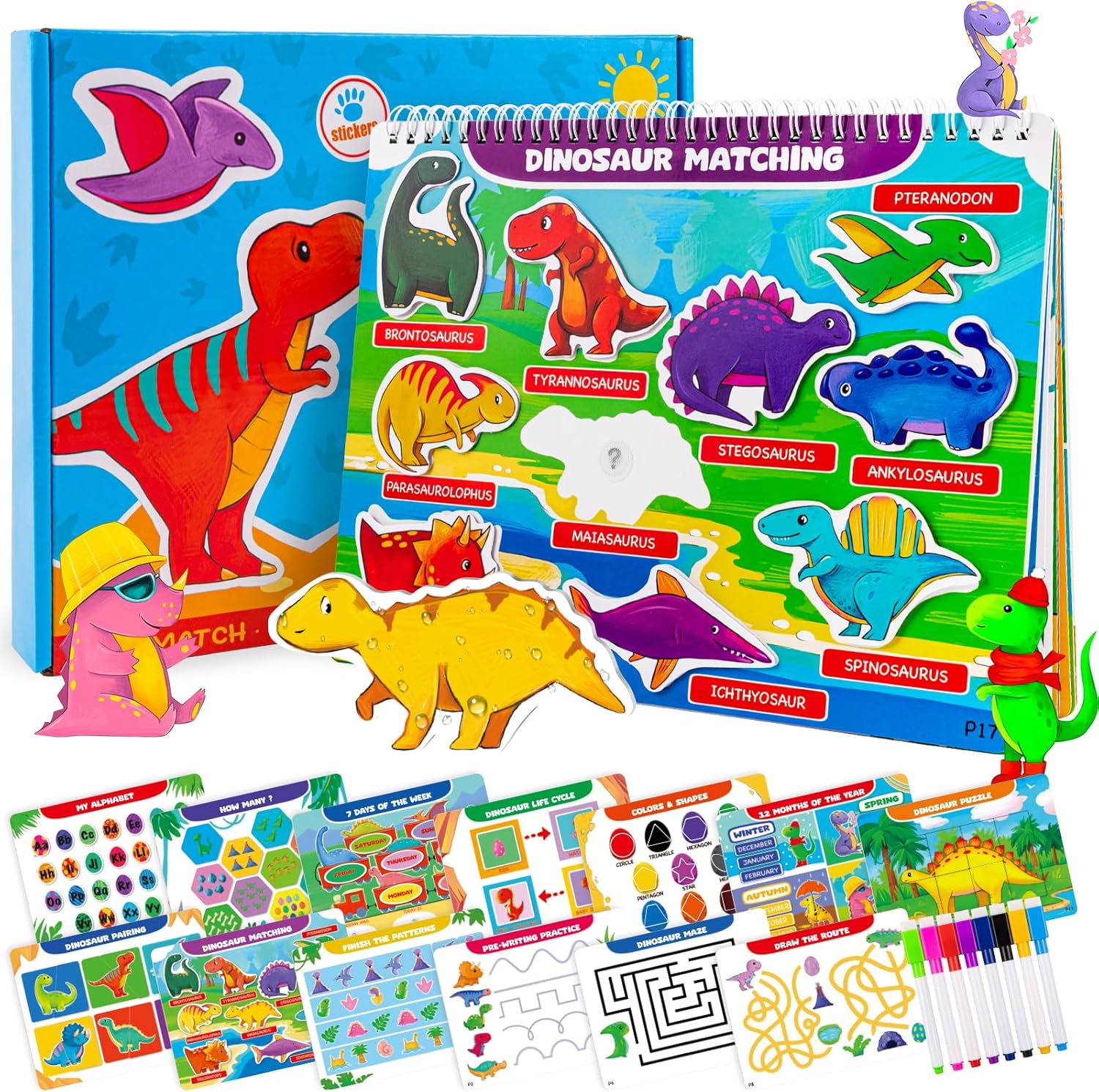 Foayex Libros de dinosaurios para niños de 4, 5, 6, 7, 8 años, libro de trabajo de aprendizaje ABC de jardín de infantes con rastreo, actividades de