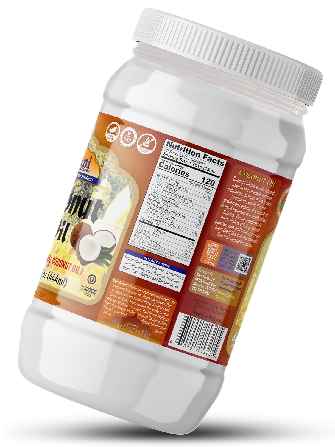 Aceite de coco Rani (aceite de coco natural 100% puro) 15 onzas líquidas (15.0 fl oz) prensado en frío, sin OMG, sin gluten, kosher, vegano, 100%