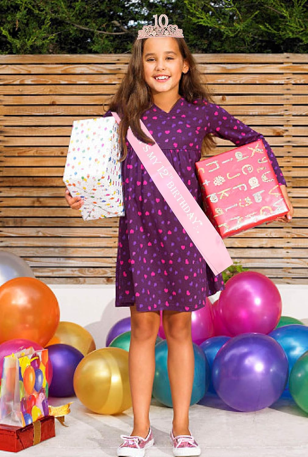 Banda y tiara de cumpleaños número 10 para niñas, fabulosa banda con purpurina + corazones de diamantes de imitación, tiara de metal rosa de alta