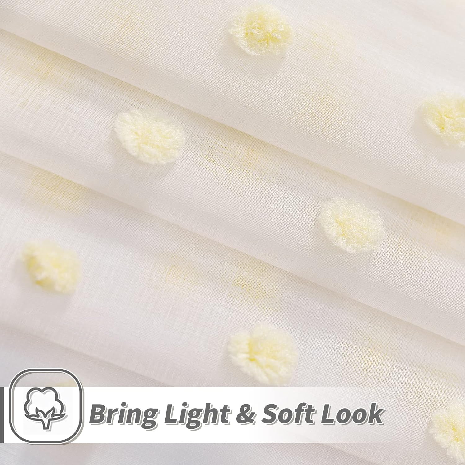 MYSKY HOME Cortinas para dormitorio, cortinas con pompones amarillos para sala de estar, 72 pulgadas de largo, cortinas traslúcidas blancas para