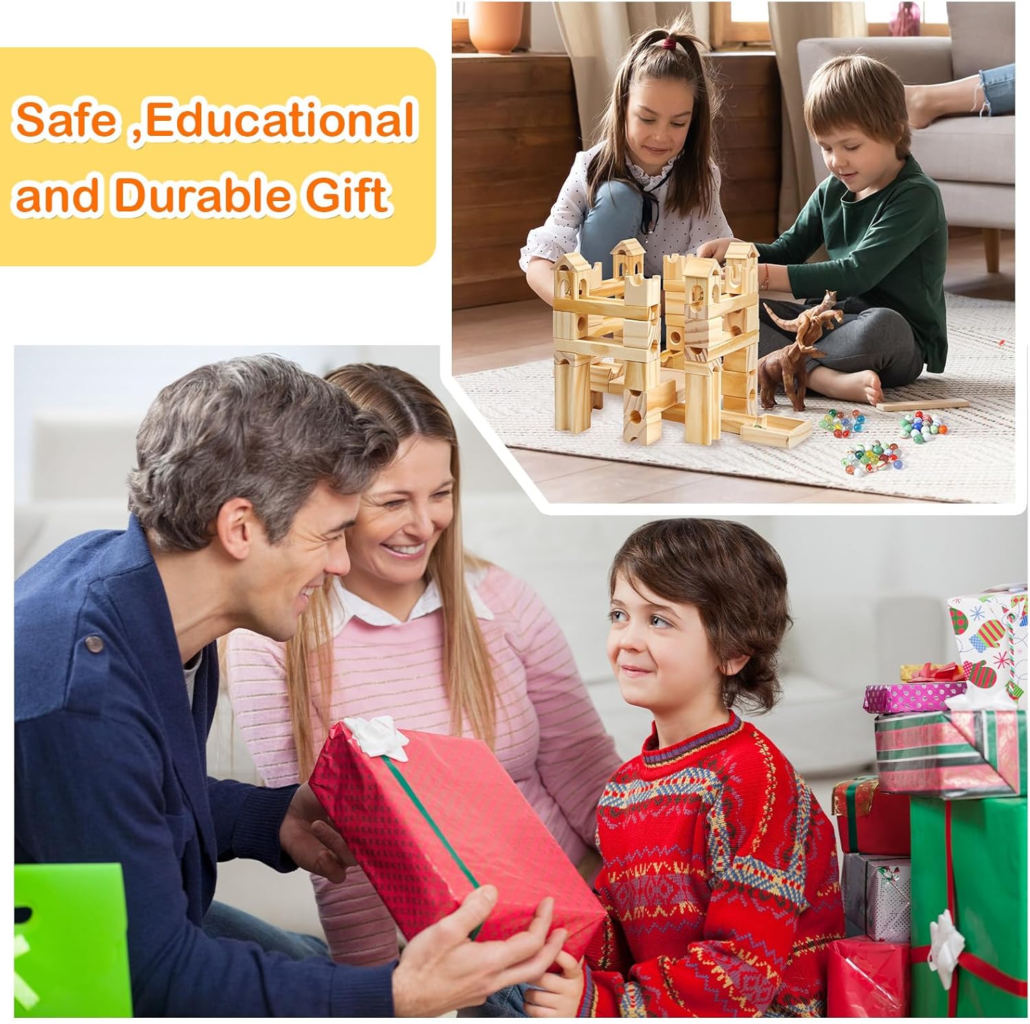 Gemscream Carrera de mármol de madera para niños de 4 a 8 años, 120 piezas de bloques de construcción de madera y juego de construcción y canicas de