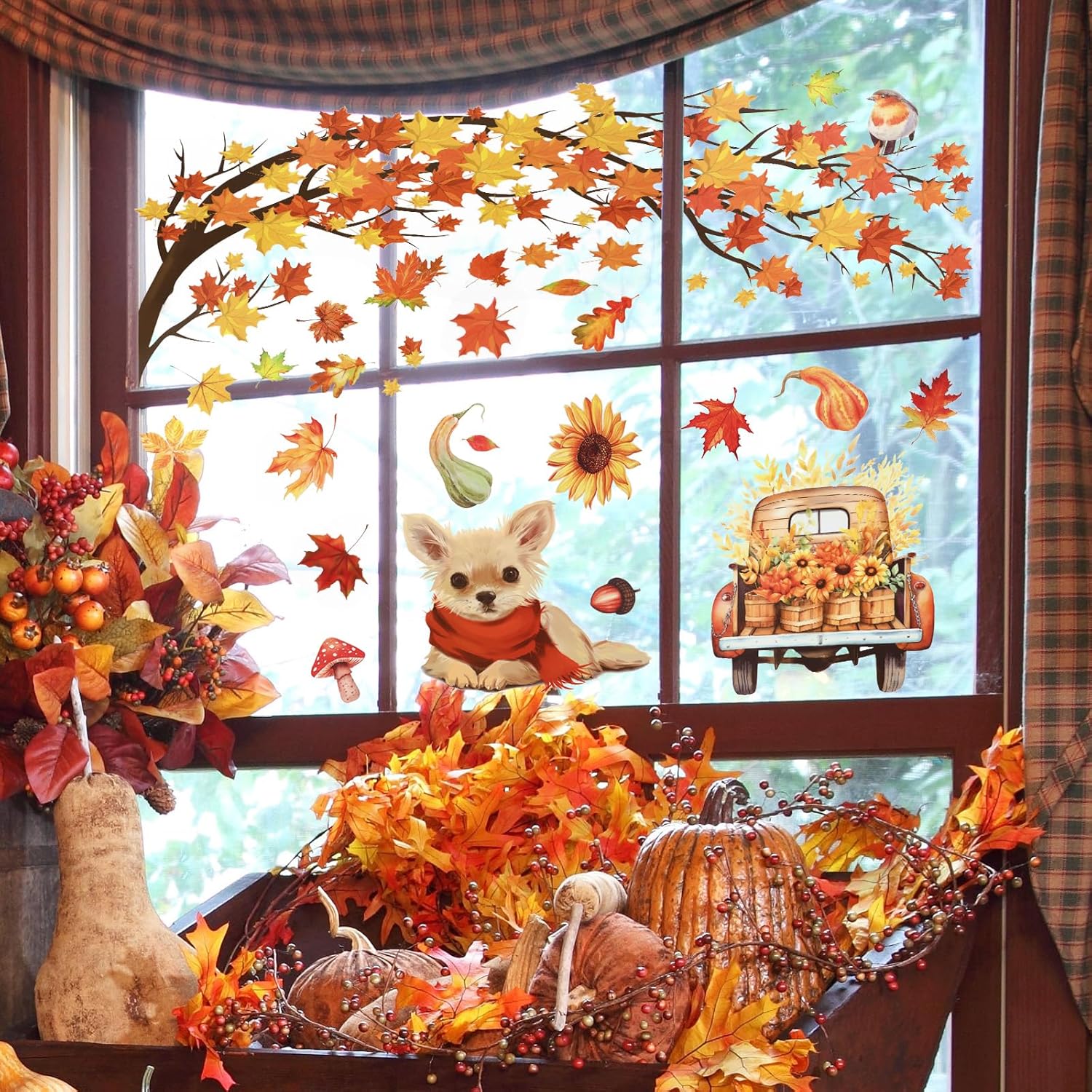 HOWAF 9 hojas de calcomanías para ventana de otoño, cosecha de otoño, perros, gatos, hojas de arce, calabaza, calcomanías de ventana para decoración