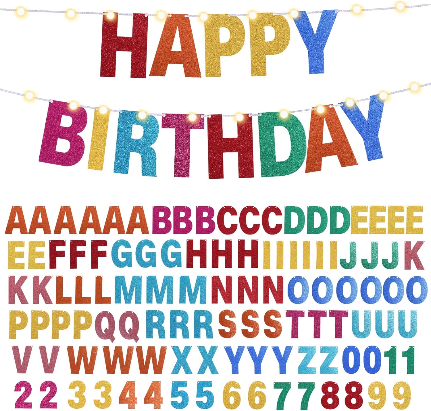 TaoBary Kit de 112 pancartas personalizables con purpurina, incluye 107 letras y números, 3 cuerdas y 2 luces decorativas para fiesta de cumpleaños,