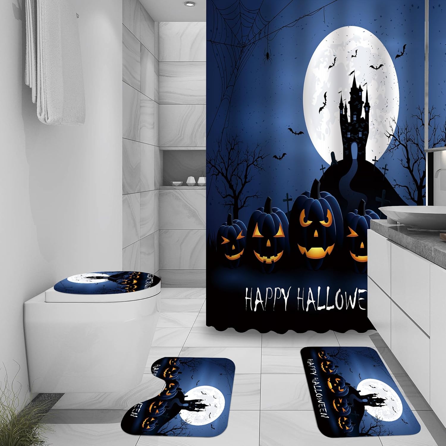 Juego de 4 cortinas de ducha de Halloween, cortinas de ducha, alfombras de baño antideslizantes, funda de inodoro, tapete de baño, decoración de